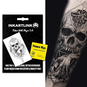 INKARTLINK Temporary Tattoos, Semi Permanent Tattoo Adult Art Design Waterproof Temp Tattoo Party Favors Tattoo Stickers Realistic Look, No Adhesive, Lasts 1-2 Weeks Black Skull Compass