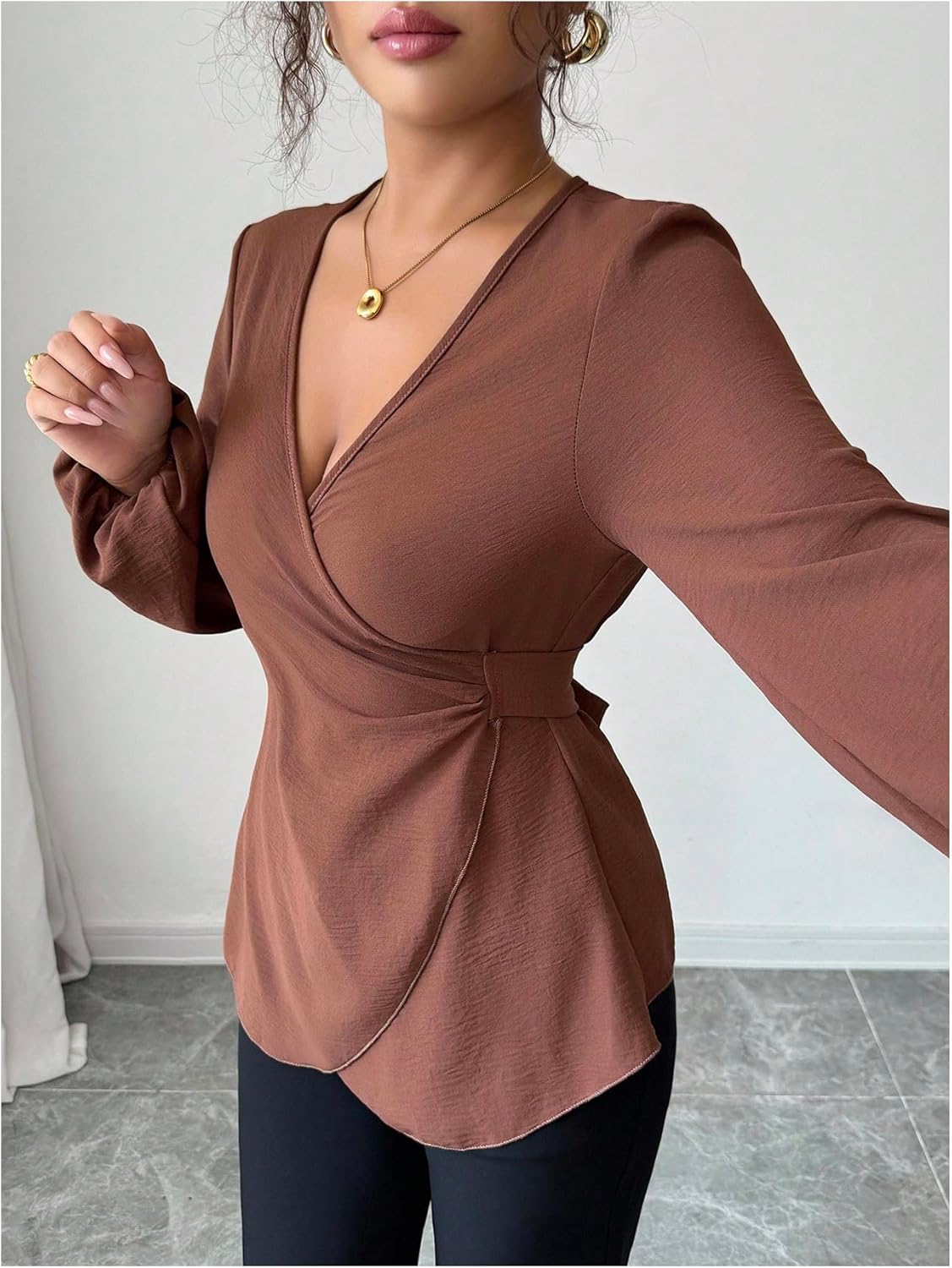 MakeMeChic Women's Wrap V Neck Blouse Lantern Sleeve Tie Back Business Dressy Shirt Tops - Image 4