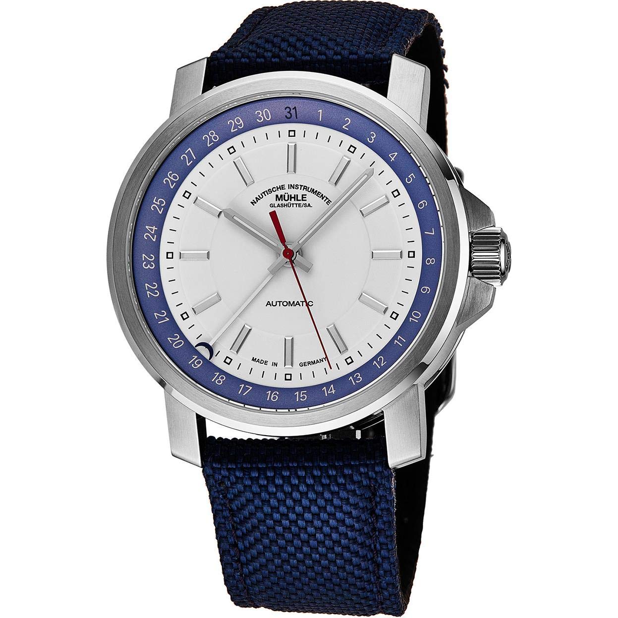 Muhle Glashutte 29er Zeigerdatum Mens Automatic Watch - 42mm White Face with Luminous Hands, Pointer
