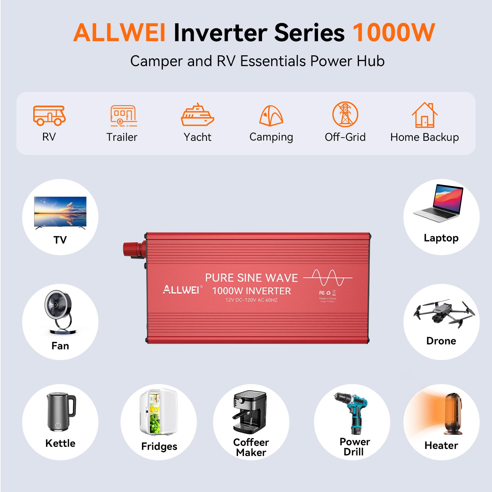 ALLWEI Inversor de onda sinusoidal pura de 1000 W, convertidor de 12 V CC a
