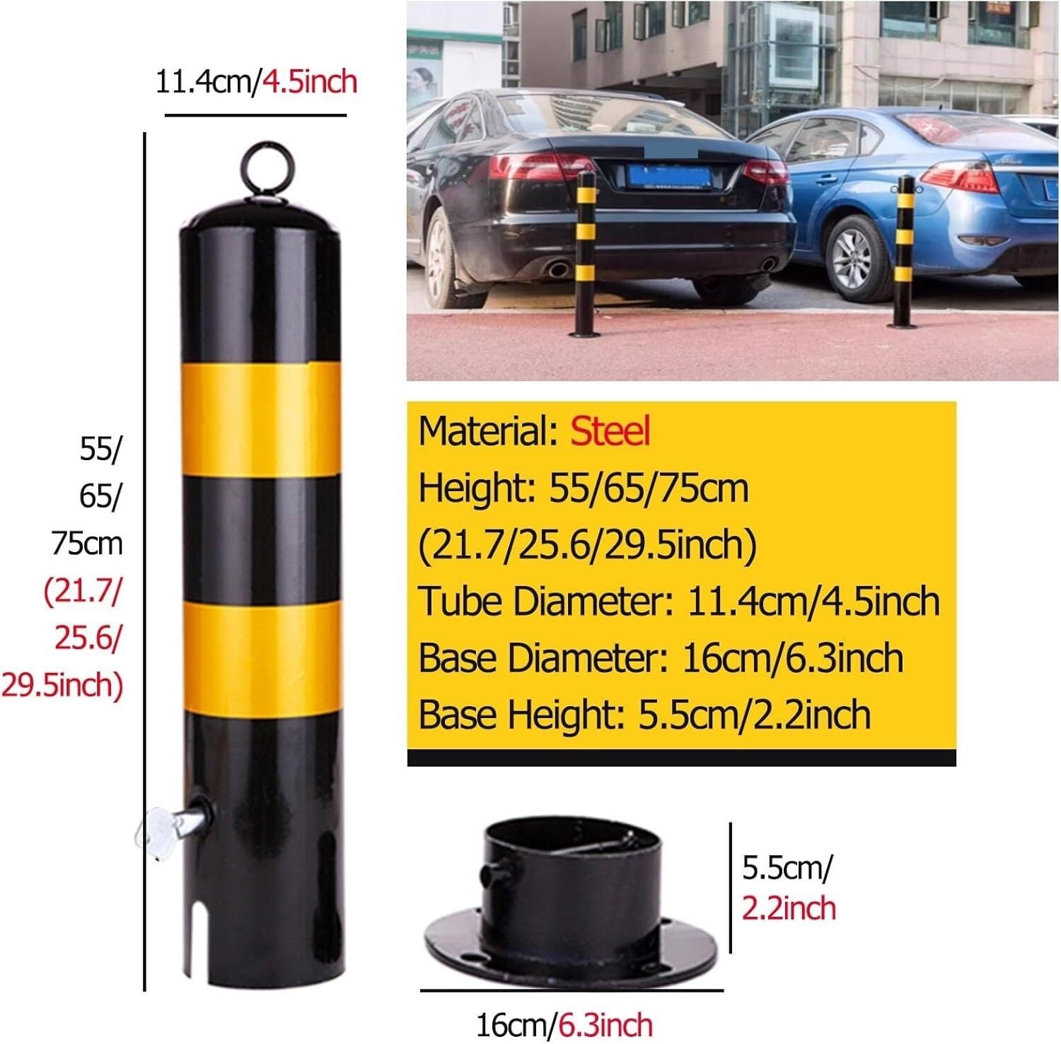Cono canalizador de postes de señalización de tráfico, barrera de entrada para vehículos, bolardo de estacionamiento con cadena y cinta reflectante, poste de bolardo de s,4 Pcs-Height 65cm/25.6inch