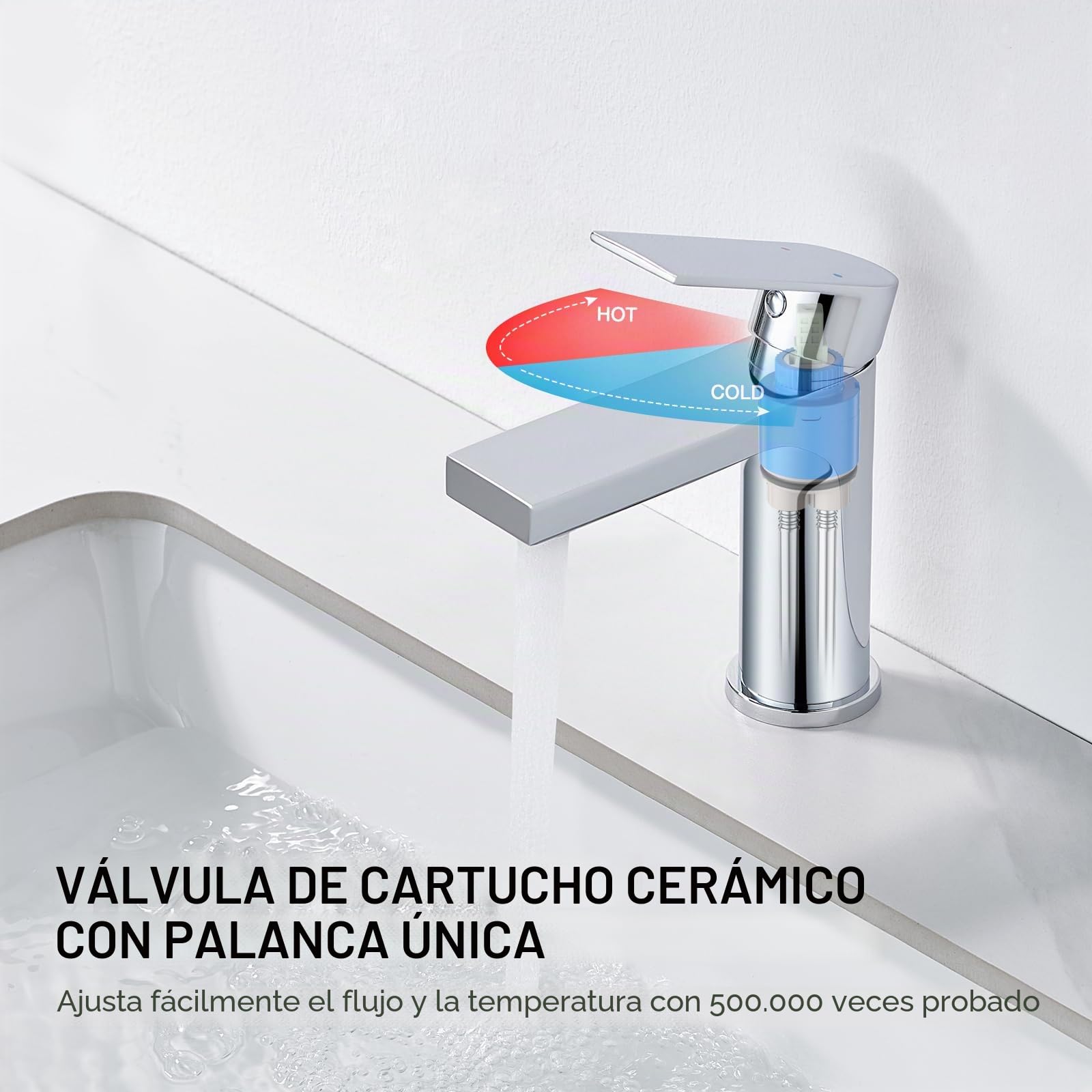 Grifo de Lavabo para Cuarto de Baño W.C. Rectangular Monomando con Desagüe Desplegable de Acero Inoxidable en Cromado Pulido