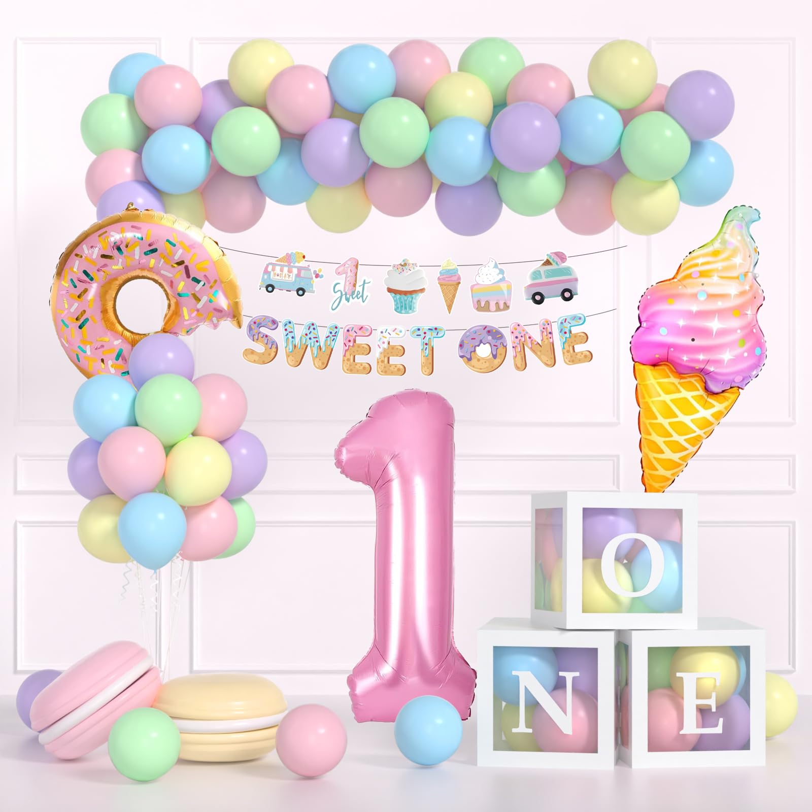 Sweet One Birthday Party Decorations, First Birthday Decorations For Girl With Pastel Balloons, 40inch Pink 1 Balloon, Sweet One Banner,O-N-E Box And