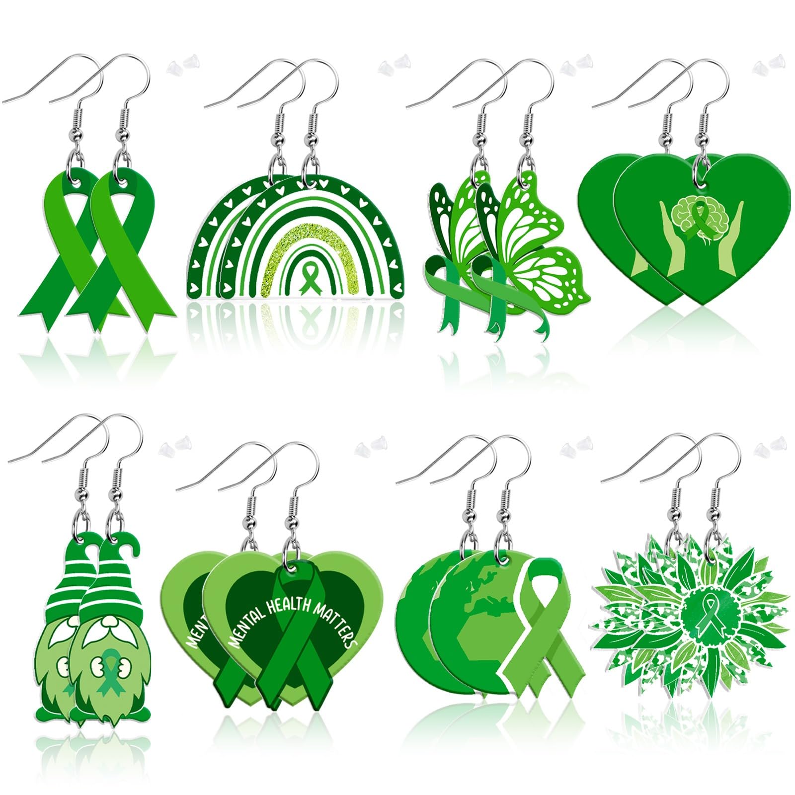 8 Pairs Green Ribbon Mental Health Awareness Dangle Earrings for Women