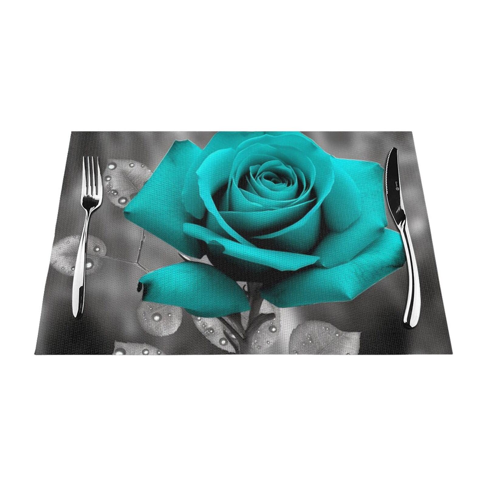 Fhedvbn Black Teal Grey Rose Placemats Set Of 6 Pcs Easy Clean Woven Pvc Placemat For Dining Table, Heat Resistant Non-Slip Place Mats Wipeable Indoor Outdoor Table Mats 12X18 Inch