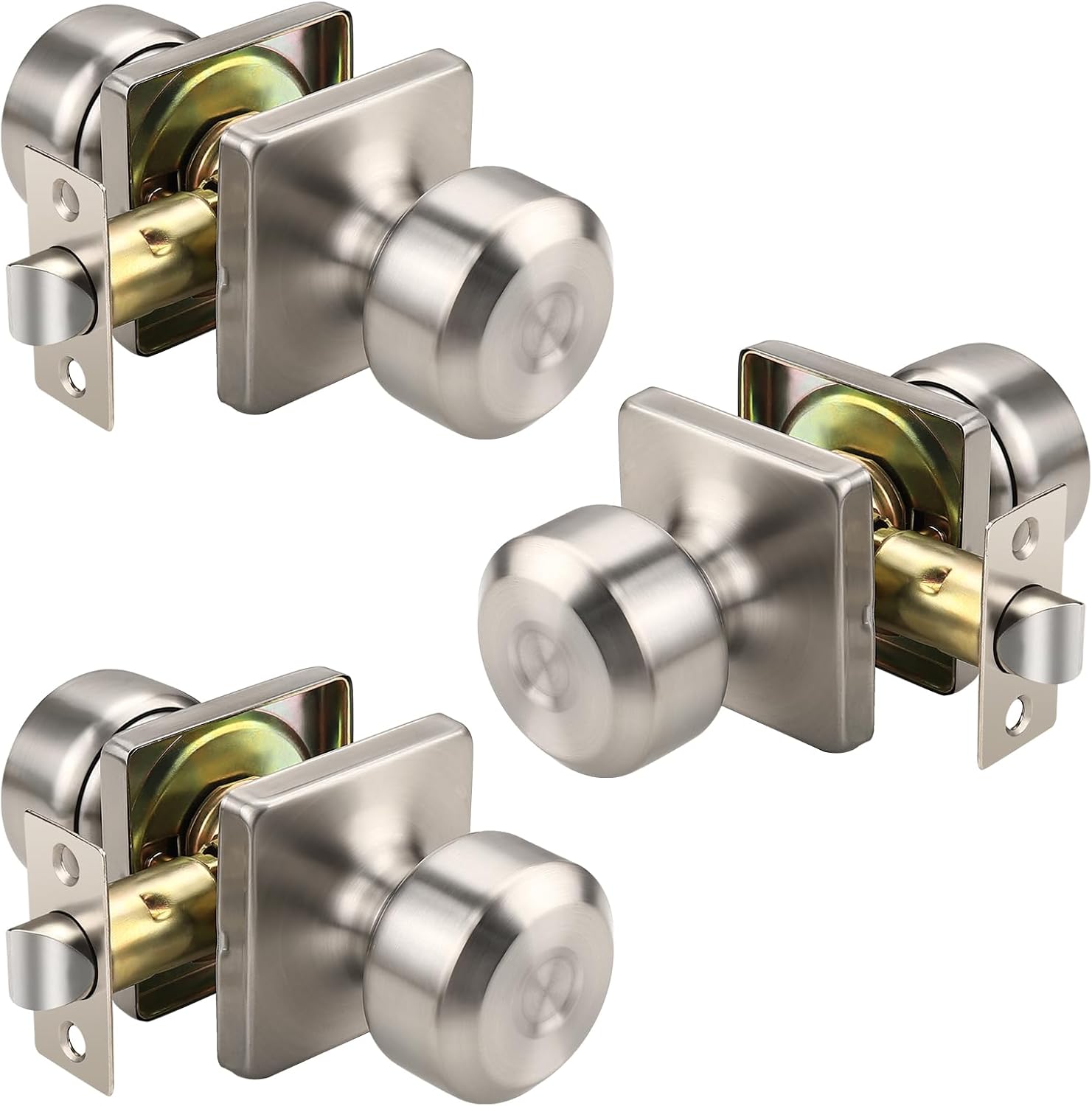 KNOBWELL Brushed Nickel Closet Door Knob, Interior Door Knobs with Square Rosette for Passage Hallway, Keyless Non-Locking Indoor Door Knobset, 3 Pack