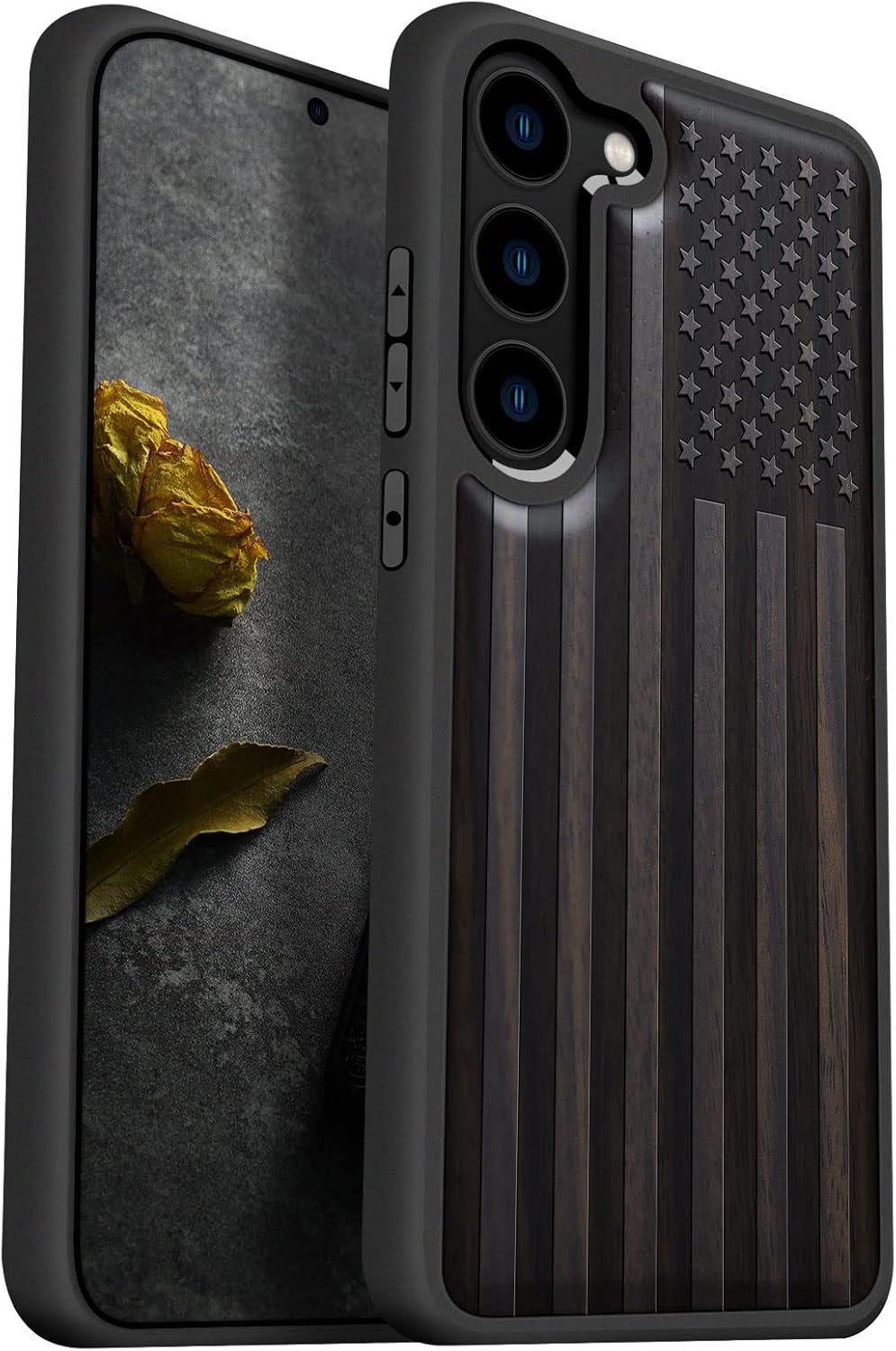 Carveit Wood Case for Galaxy S23 Case [Natural Wood & Black Soft TPU] Shockproof Protective Cover Unique & Classy Wooden Design Compatible with Samsung S23 (American Flag-Blackwood)