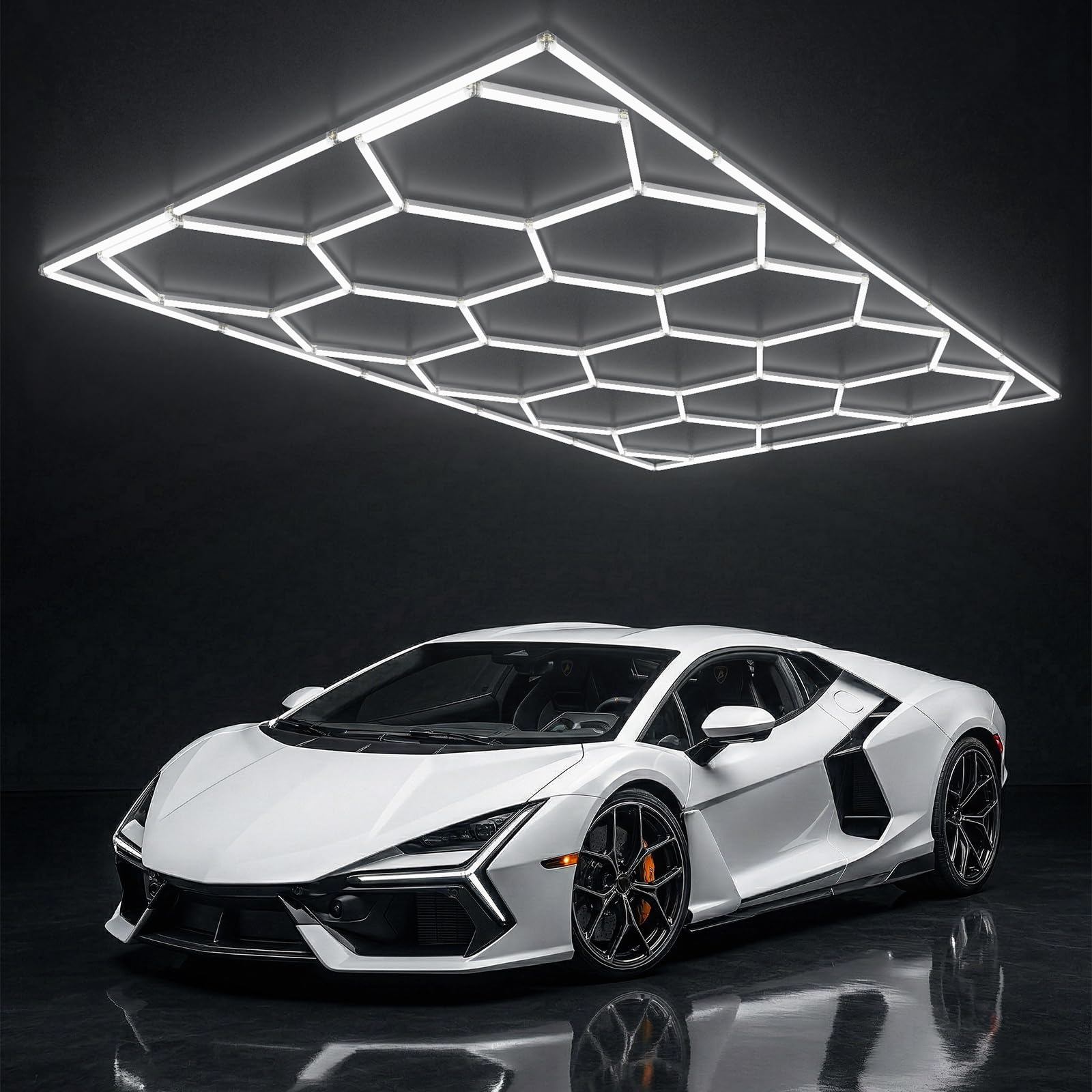 ALLYES LED Hexagon Werkstattbeleuchtung, 538W 64560LM 6500K Deckenleuchte, 14 Waben Garagenlampe mit Rechteck-Rahmen, Deckenlampe Kaltweiß für Garage, Werkstatt, Auto Detailing, Fitnessstudio
