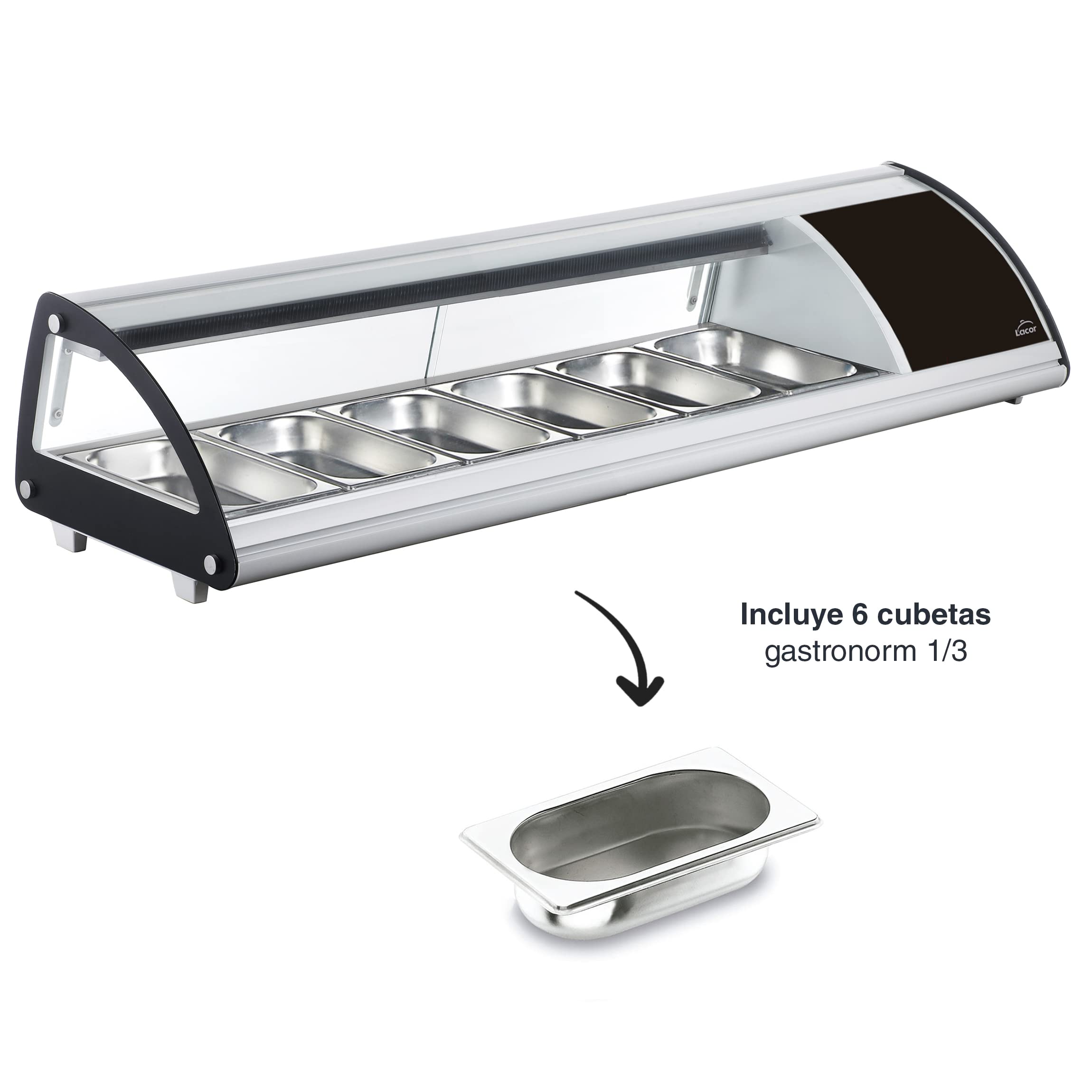 Lacor - 69606 - Vitrina Refrigerada, Expositor de Alimentos, Cristal y Acero Inoxidable, Capacidad: 6xGN 1/3, 160 W, Termostato Regulable: 0ºC - 12ºC