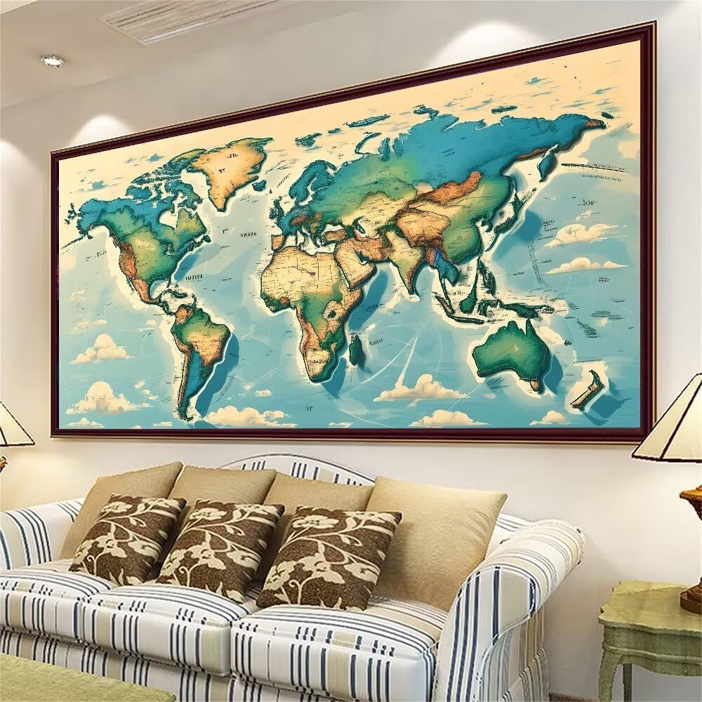 Z-424 Mapa świata do malowania po numerach, 70 x 140 cm, zestaw do malowania według numerów, obraz po numerach, rękodzieło, na Boże Narodzenie, wystrój domu, [bezramowy] Z-424