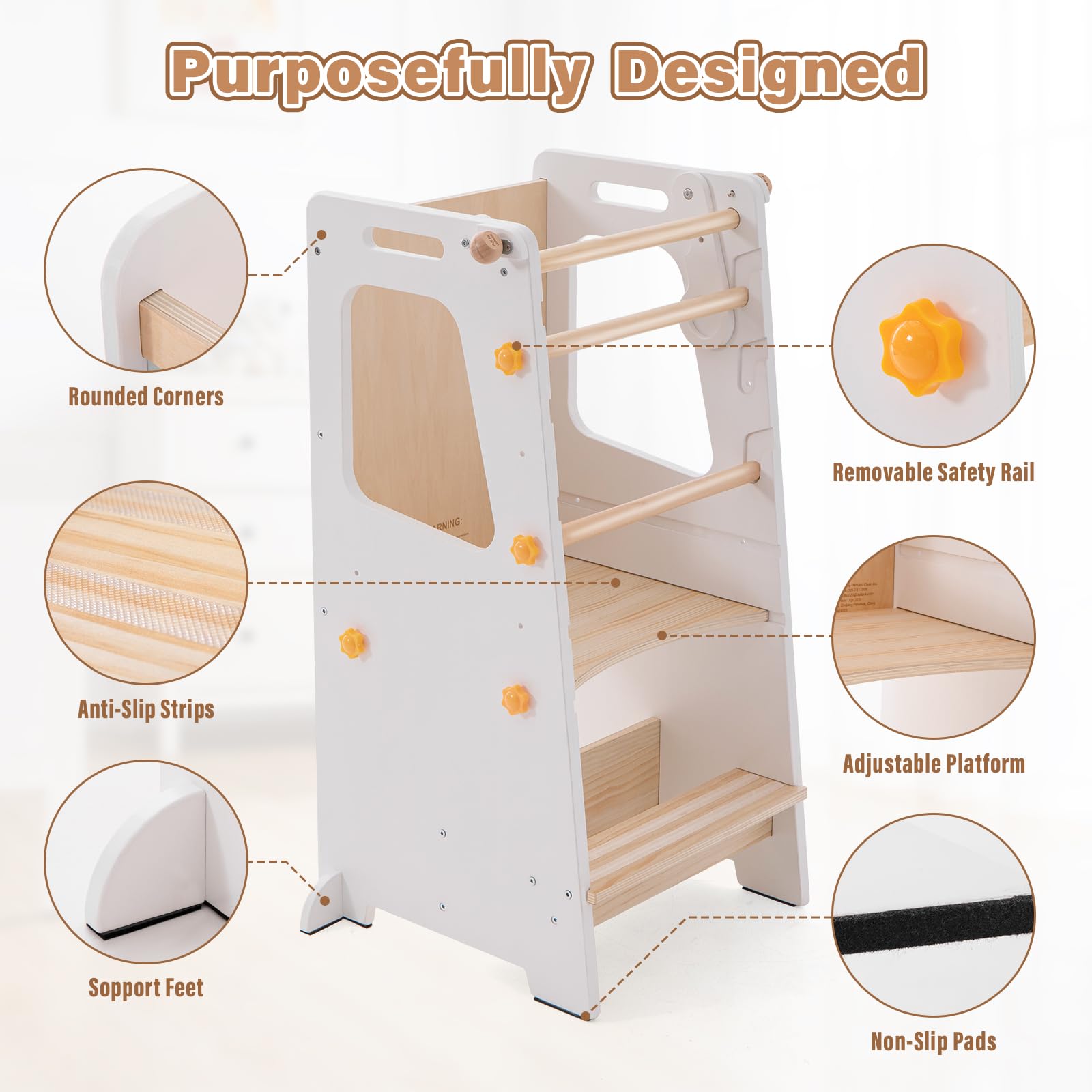 4 in 1 Toddler Kitchen Tower, Kids Kitchen Stool Helper, Standing Tower with Convertible Table and Chair, Toddler Step Stool with Adjustable-Height,Whiteboard and Safety Rail for Kitchen (White)