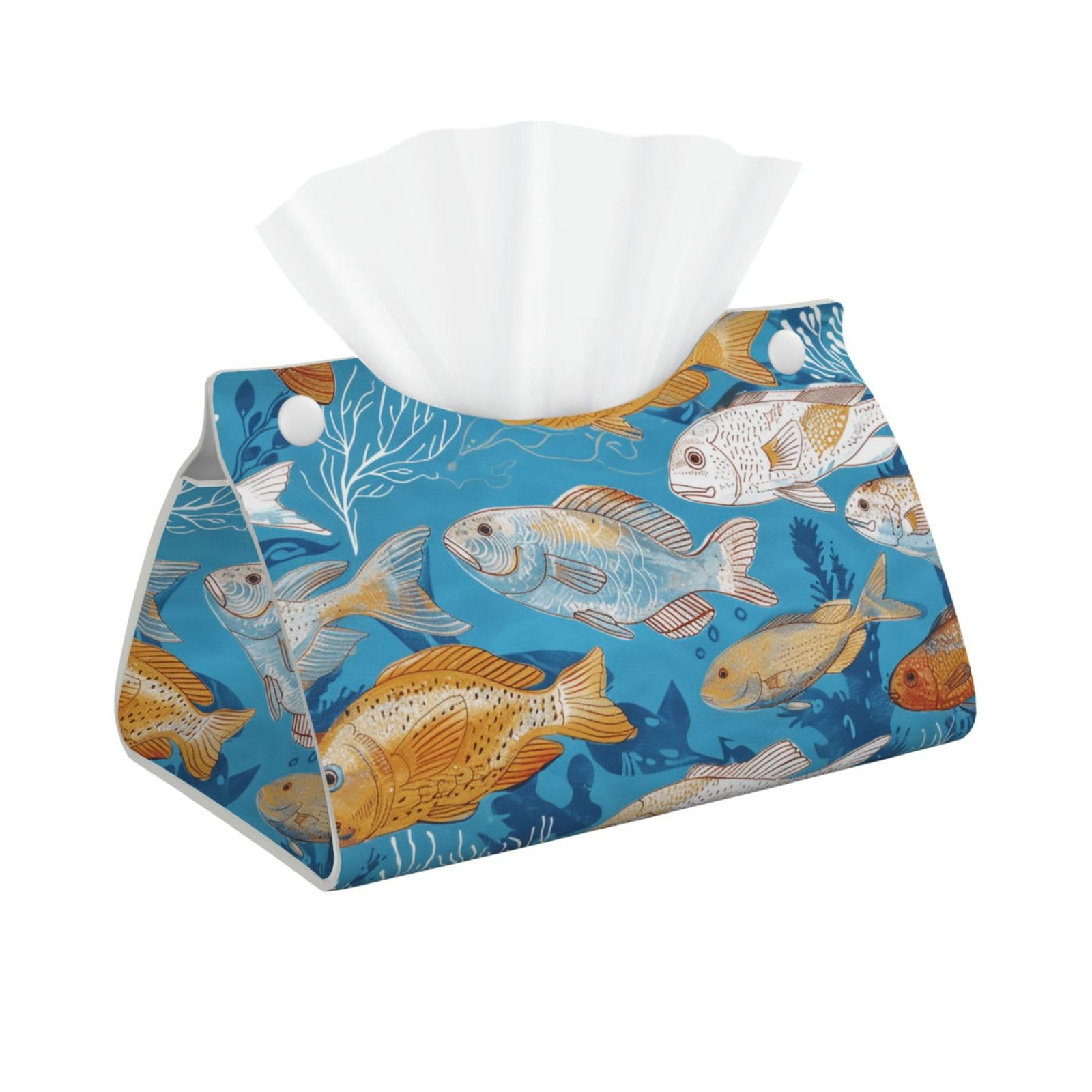 Fish Print Tissue Box Cover Foldable Tissue Storage Box Leather Tissue Cube Box Holder for Living Room Bedroom Office Car Home Decor