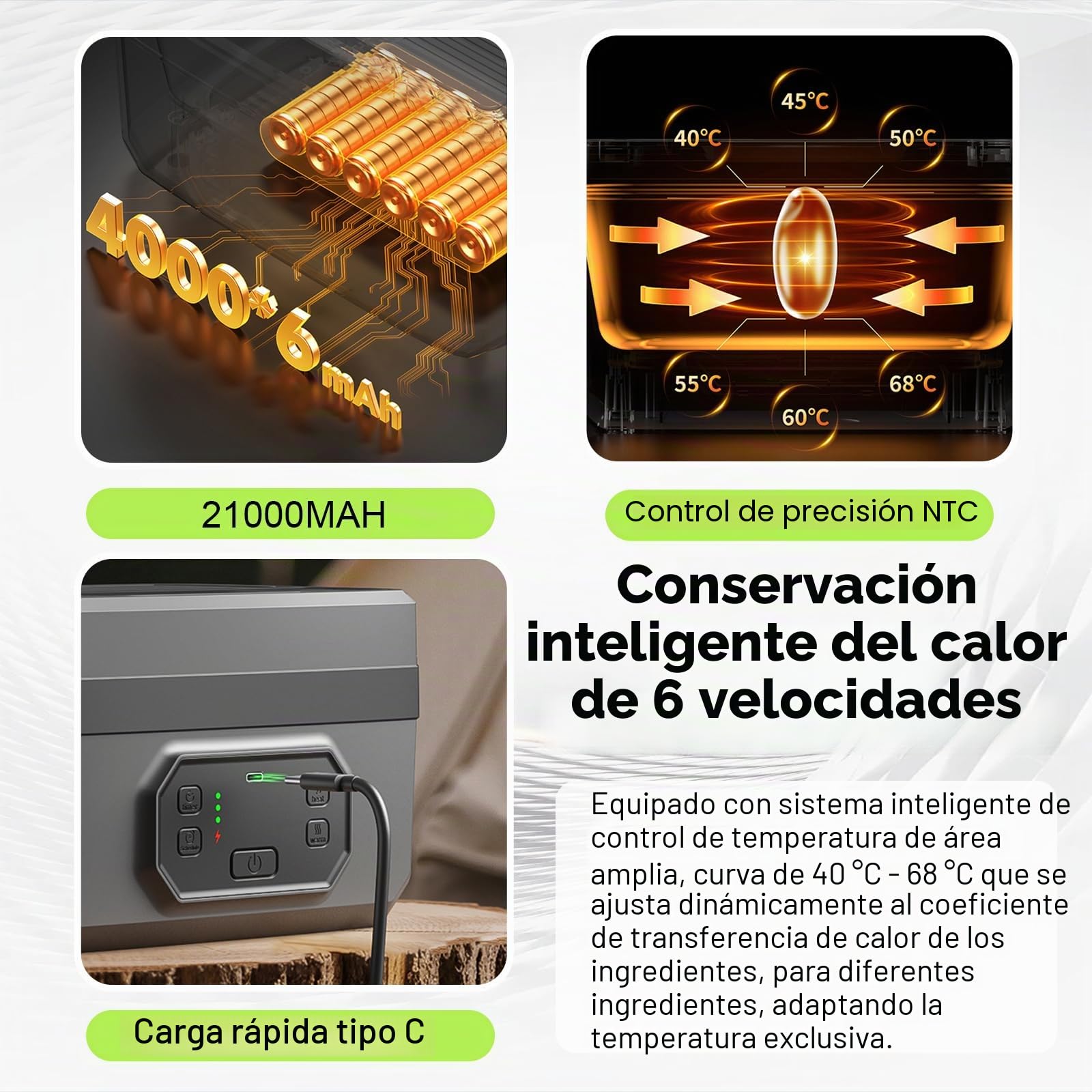 Fiambrera eléctrica con batería, fiambrera calentada portátil para adultos, recargable, con control de tiempo y función de mantenimiento del calor, para oficina, trabajo, camping