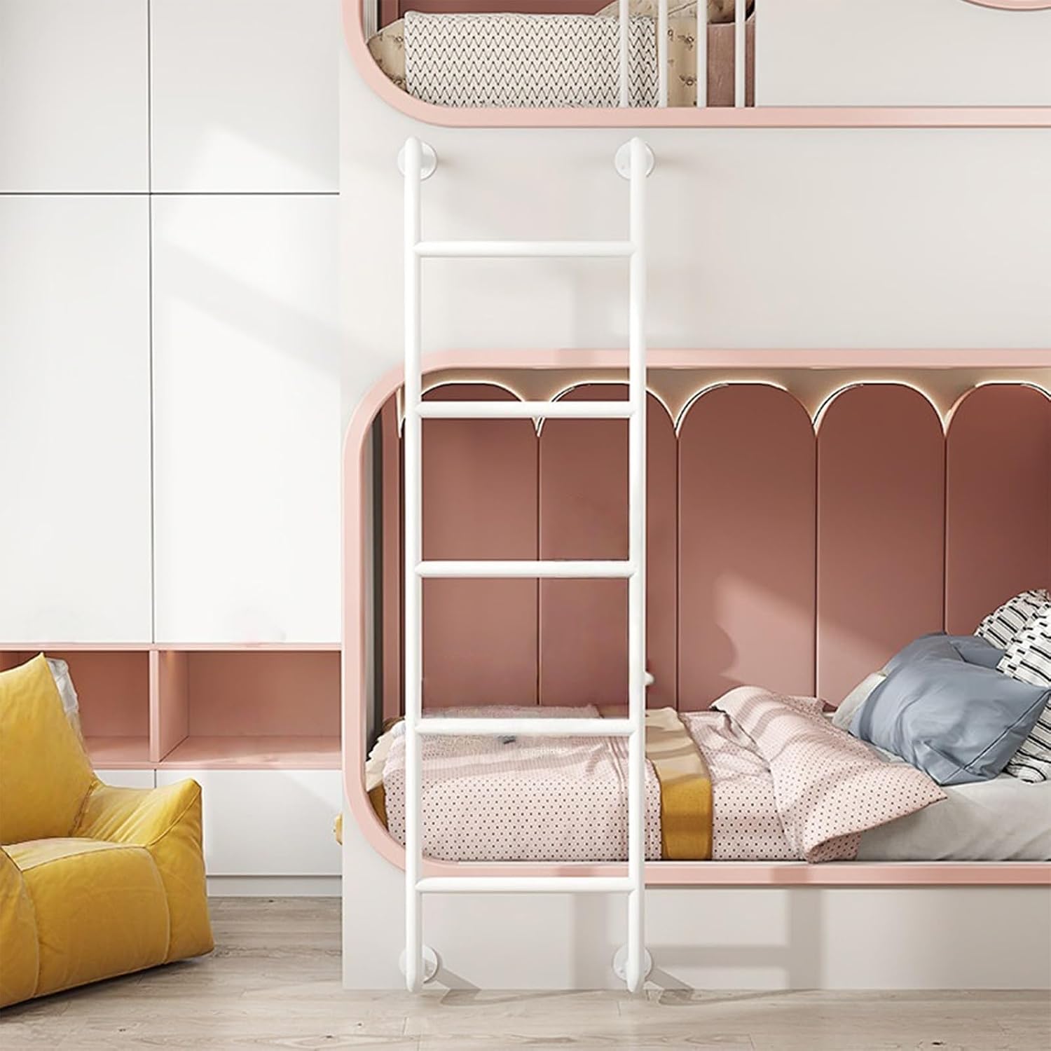 Metal Step Ladder for Home Loft, Industrial Bunk Bed Ladder 160cm Height, Easy Install, for Home, Basement, High Entrance Loft Bed, Attic Dorm, Library, Deck, RV(White,Wall)