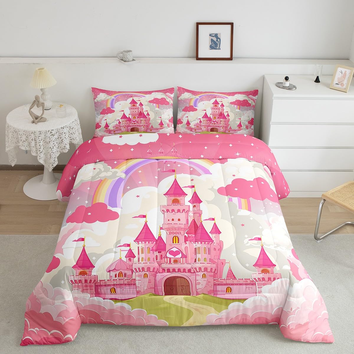 Feelyou Princess Castle Kids Bedding Set Full Size, Pink Castle Comforter Set Fairy Tales Comforter Girls Princess Duvet Set Room Decor Microfiber Bed