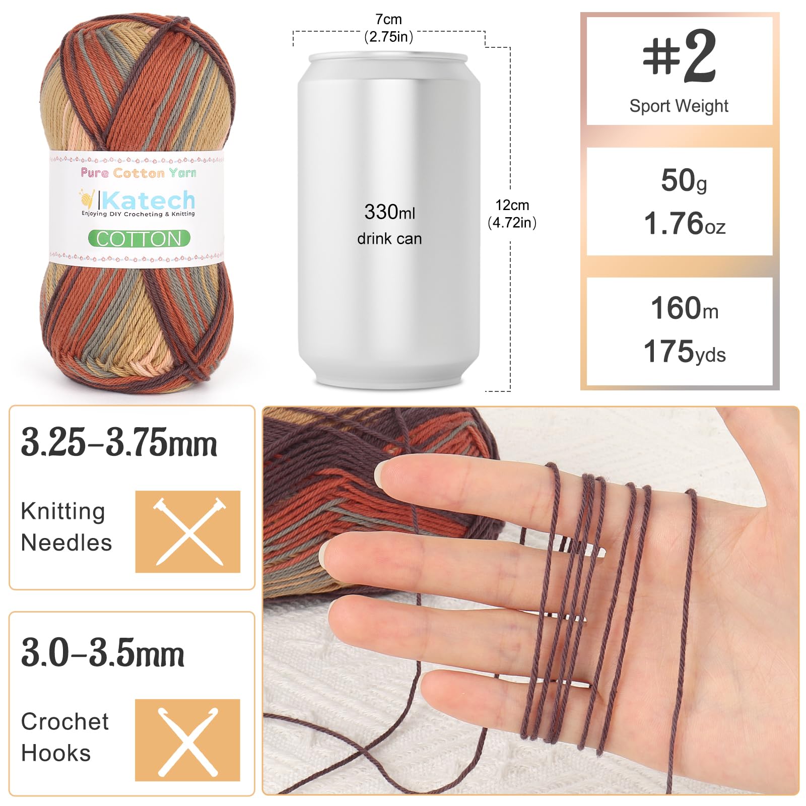 Katech 1OO% Ombre Cotton Yarn for Crocheting - 2 Sport Weight Baby Yarn for Knitting - 6 Pcs of 50g(1.76oz)/160m(175yd), Fine Soft Multicolor Yarns for Baby Blankets, Afghans, Shawls, Dress, Hats (D) — view 2