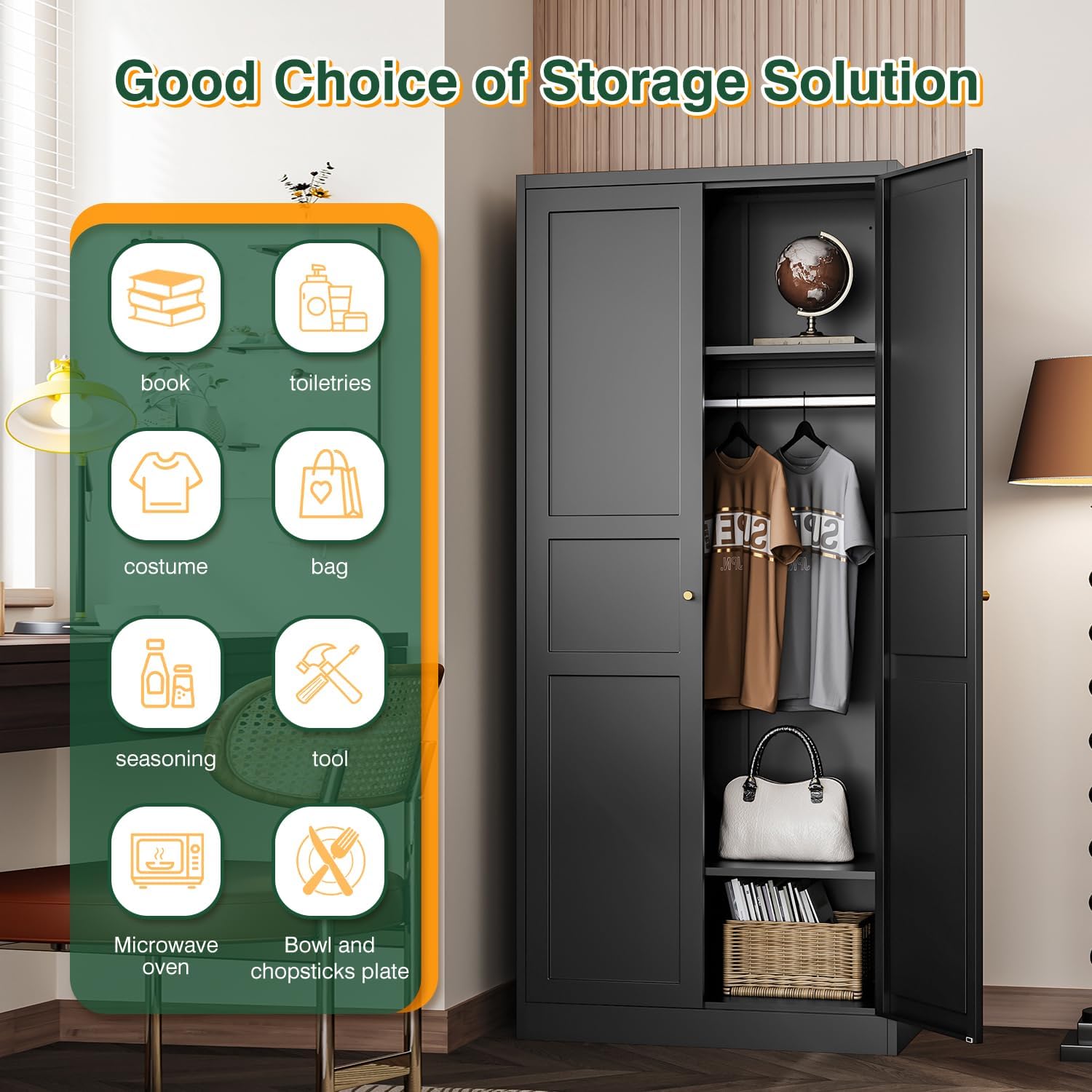 Icons representing various items that can be stored in the wardrobe, such as books, toiletries, costumes, bags, seasoning, tools, microwave oven, and bowls