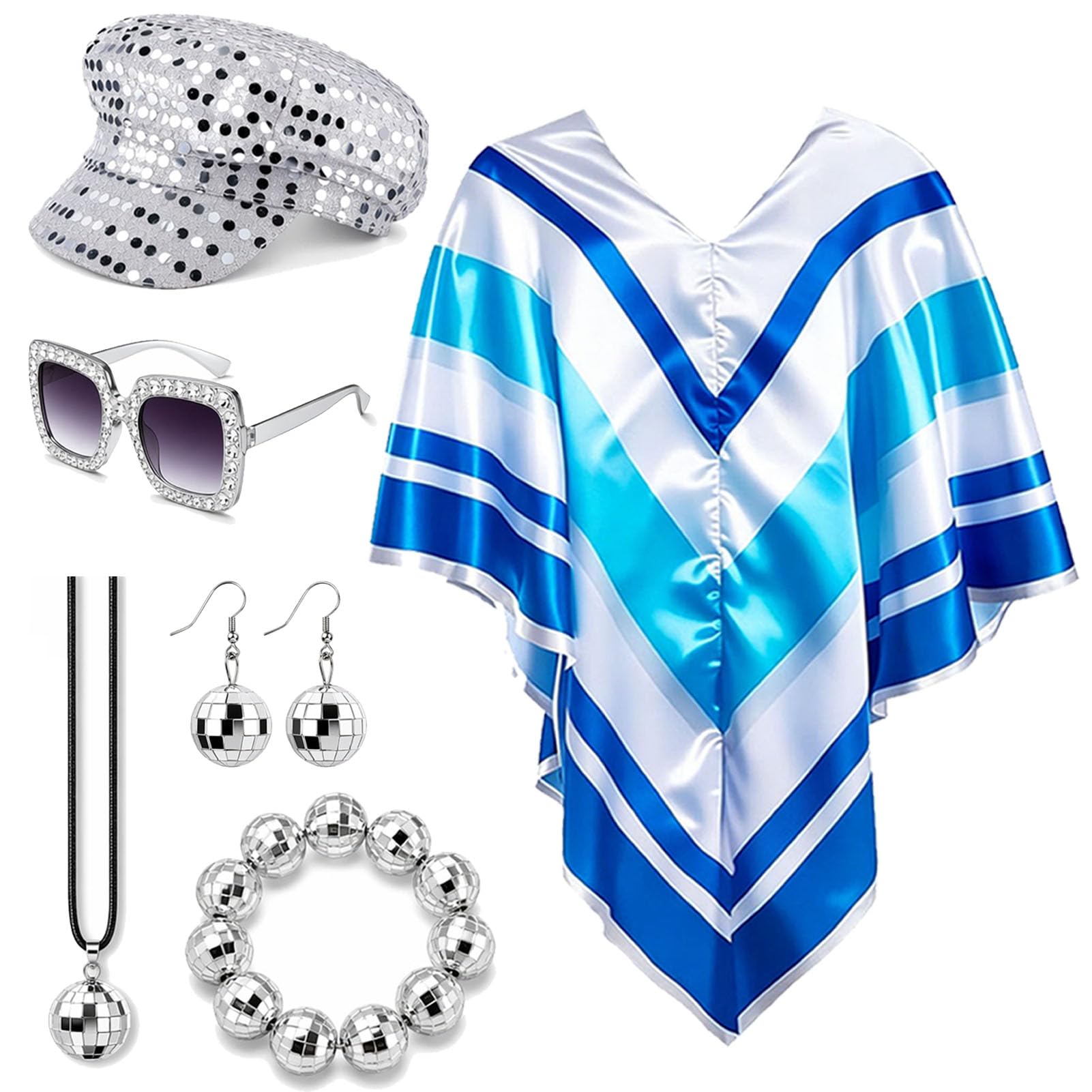 JRZYTX 70s Fancy Dress Set for Women Disco Costume Accessories with 70s Pop Poncho Necklace Earrings Glasses for Women Theme Party (BLUE-2)