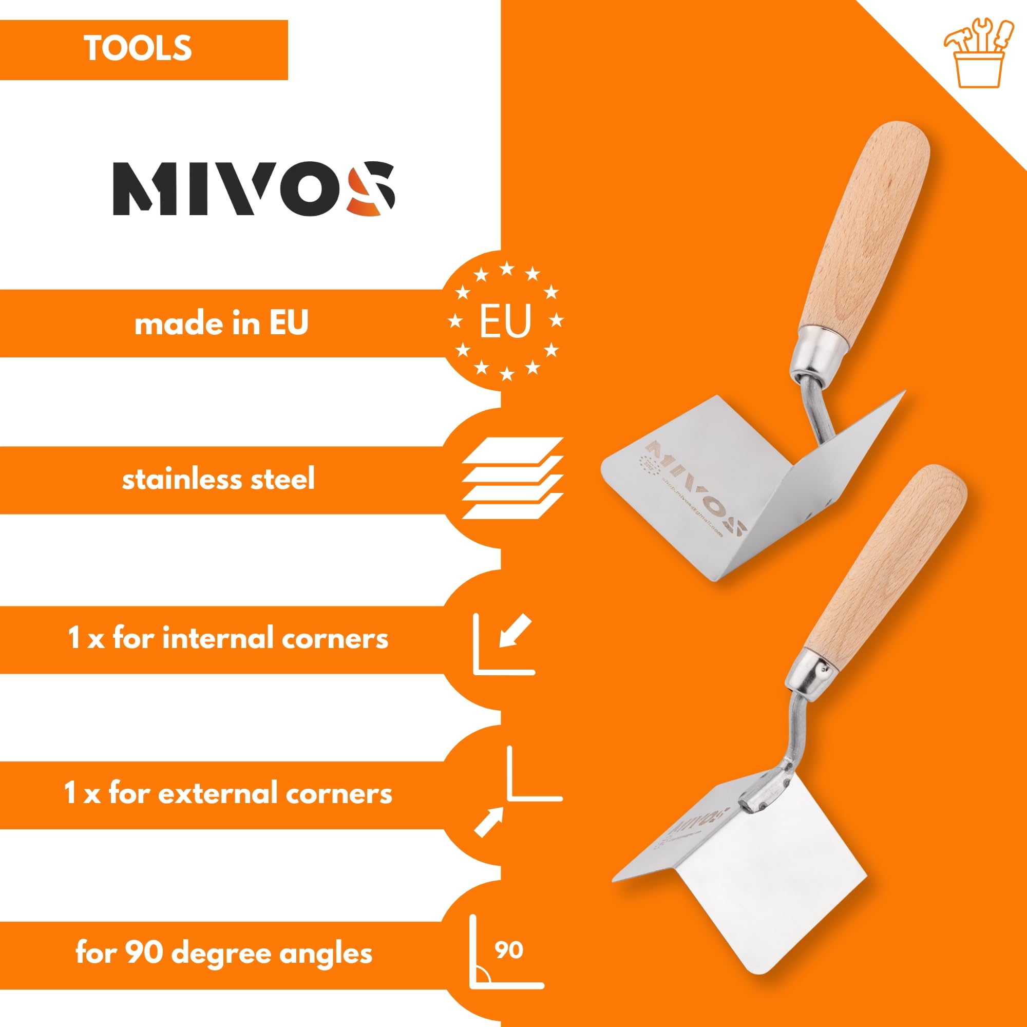 Mivos 2 x kielnia narożny ze stali nierdzewnej 80 x 60 mm – kielnia wewnętrzna i zewnętrzna – do wewnątrz i na zewnątrz z drewnianym uchwytem – szpachelka Made in