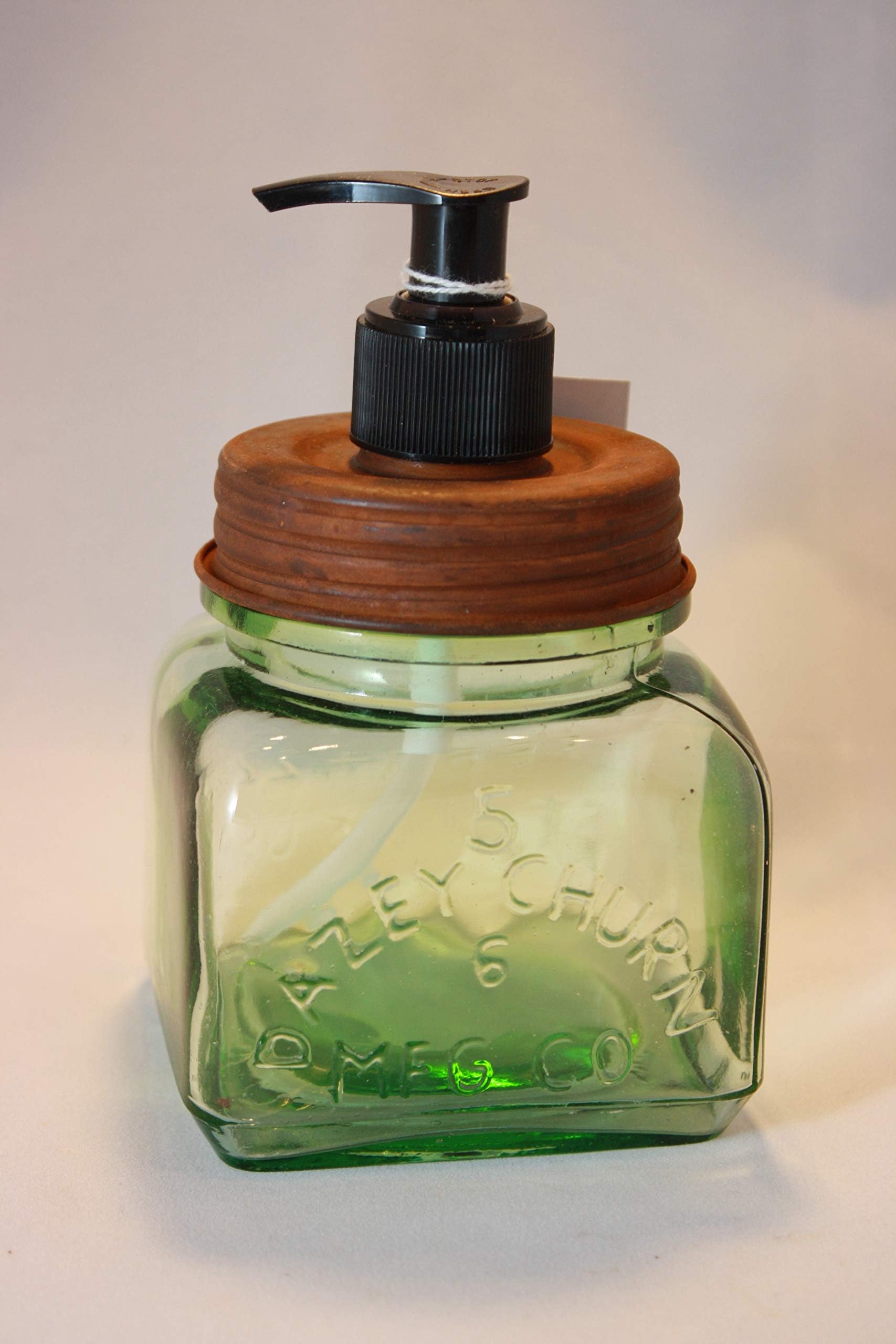Green Glass Soap/Lotion Dispenser - Embossed with Dazey Churn Mfg. Co.