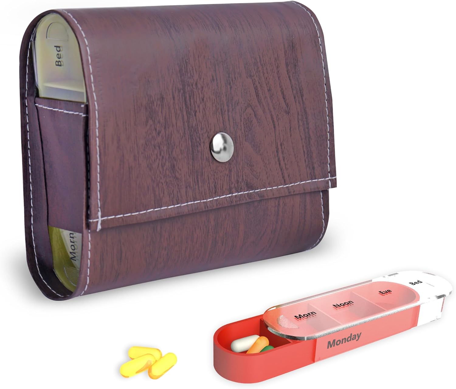 Pill Organizer,LIZIMANDU Weekly Travel Pill Case Box Medication Reminder Daily AM PM, Day Night 7 Compartments,for 4 Times A Day, 7 Days a Week-Includes Leather PU Carrying Case(1-Wood-Dark Brown)