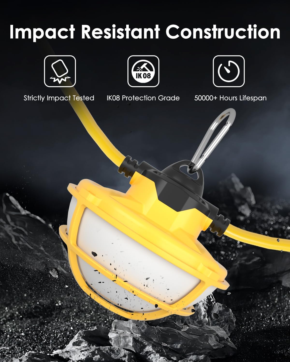 100FT LED Construction String Lights - 3 Prong, 130W 16000LM Plug in Linkable String Work Lights, 5000K Weatherproof Temporary Lighting for Construction Sites, Jobsites, Indoor & Outdoor, UL Listed - Image 4