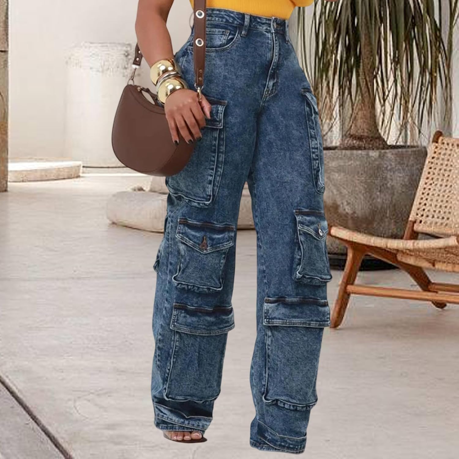Women's Wide Leg Jeans High Waisted Cargo Pocket Baggy Stretchy Casual Denim Pants - Image 5