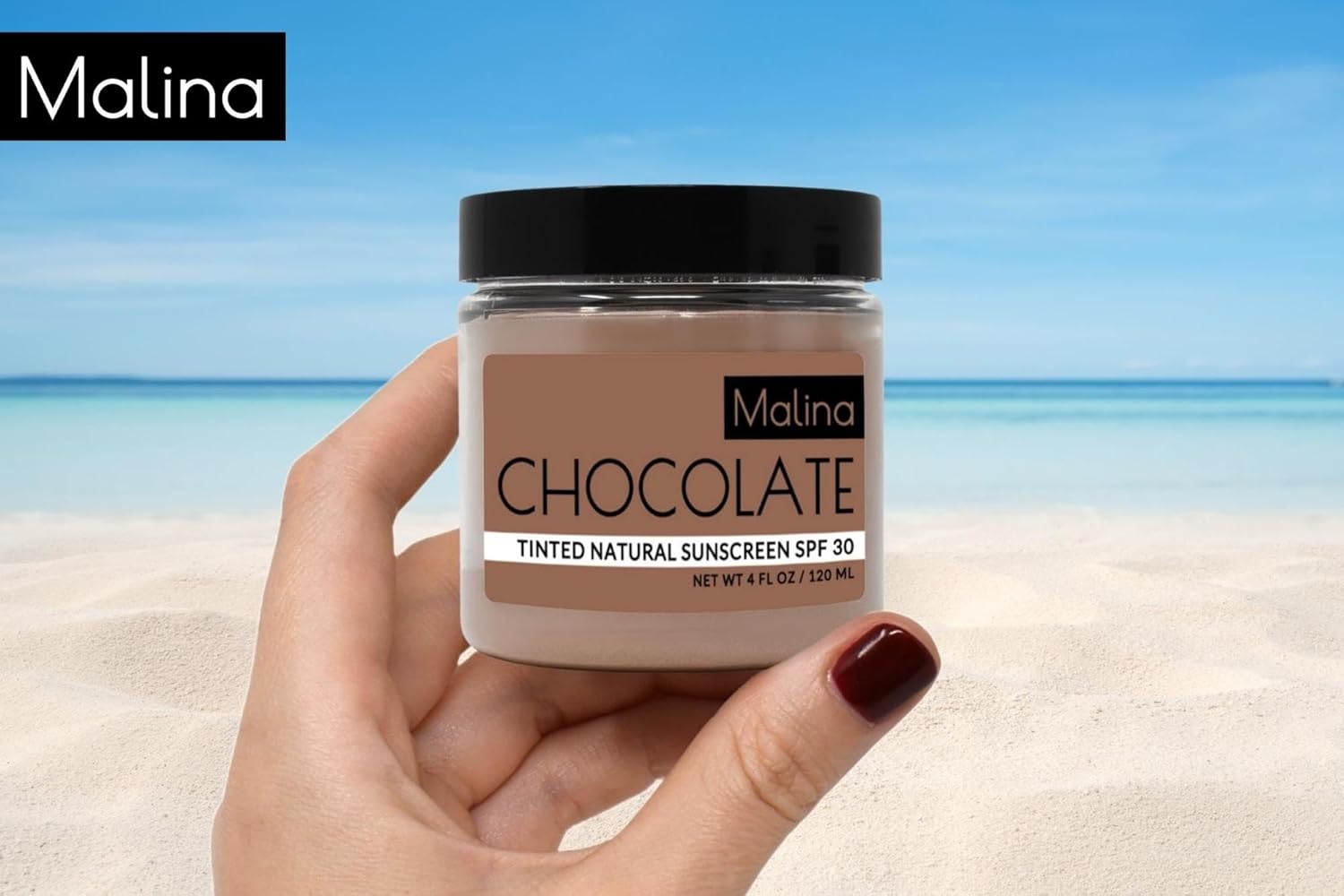 Malina™ Organic Chocolate Tinted Natural Sunscreen | SPF 30+ | Nontoxic | Reef-Safe | No Preservatives | No Synthetic Fragrance | 3 Shades | With Non-Nano Zinc-Oxide (4 Fl Oz, Medium)