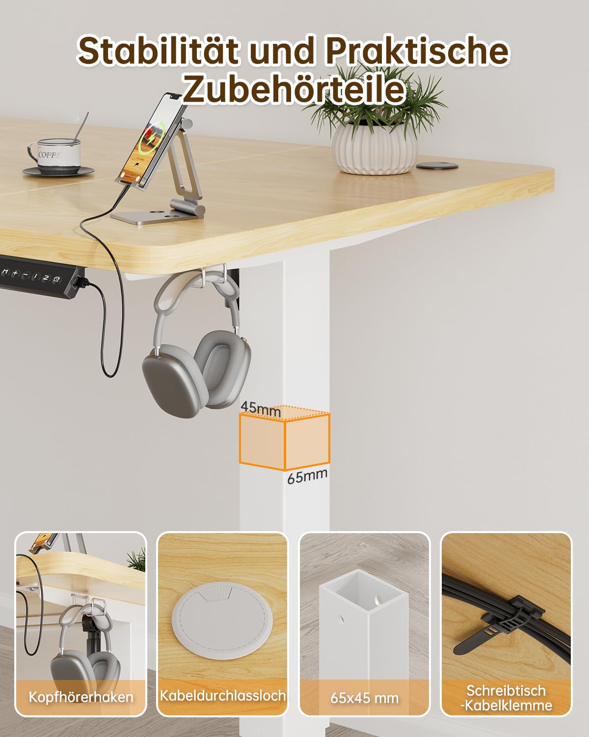 Jummico Höhenverstellbarer Elektrischer Schreibtisch 140 x 60 cm mit USB Ladeanschluss – Bild 7