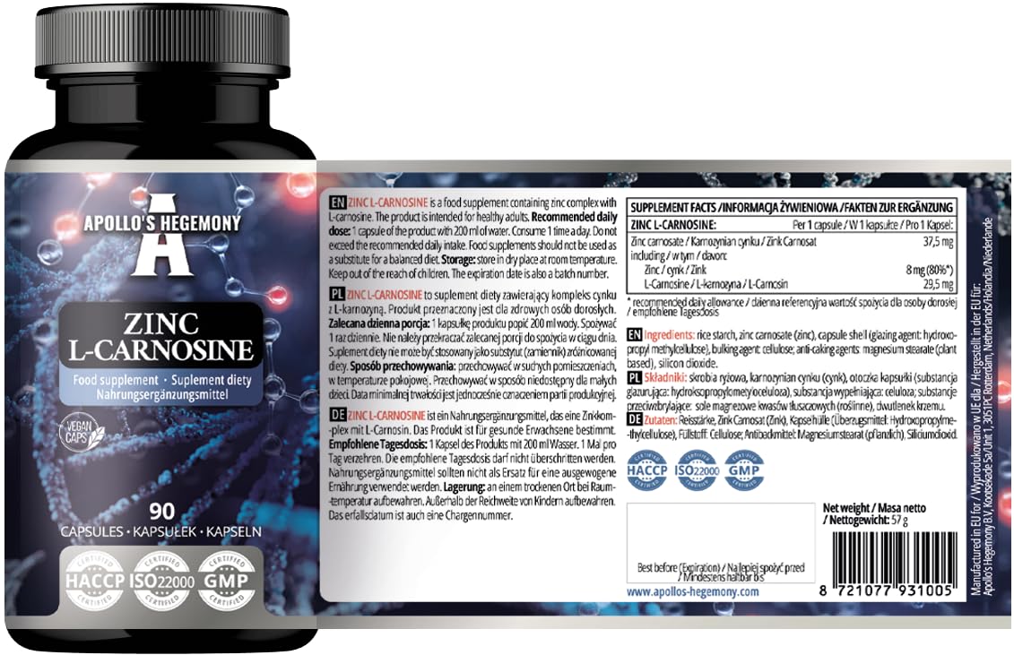 Zinco L-Carnosina 37,5 mg per capsula - 90 capsule vegane - 3 mesi di fornitura - Per la salute di pelle, capelli e unghie - Integratore da Apollo's Hegemony