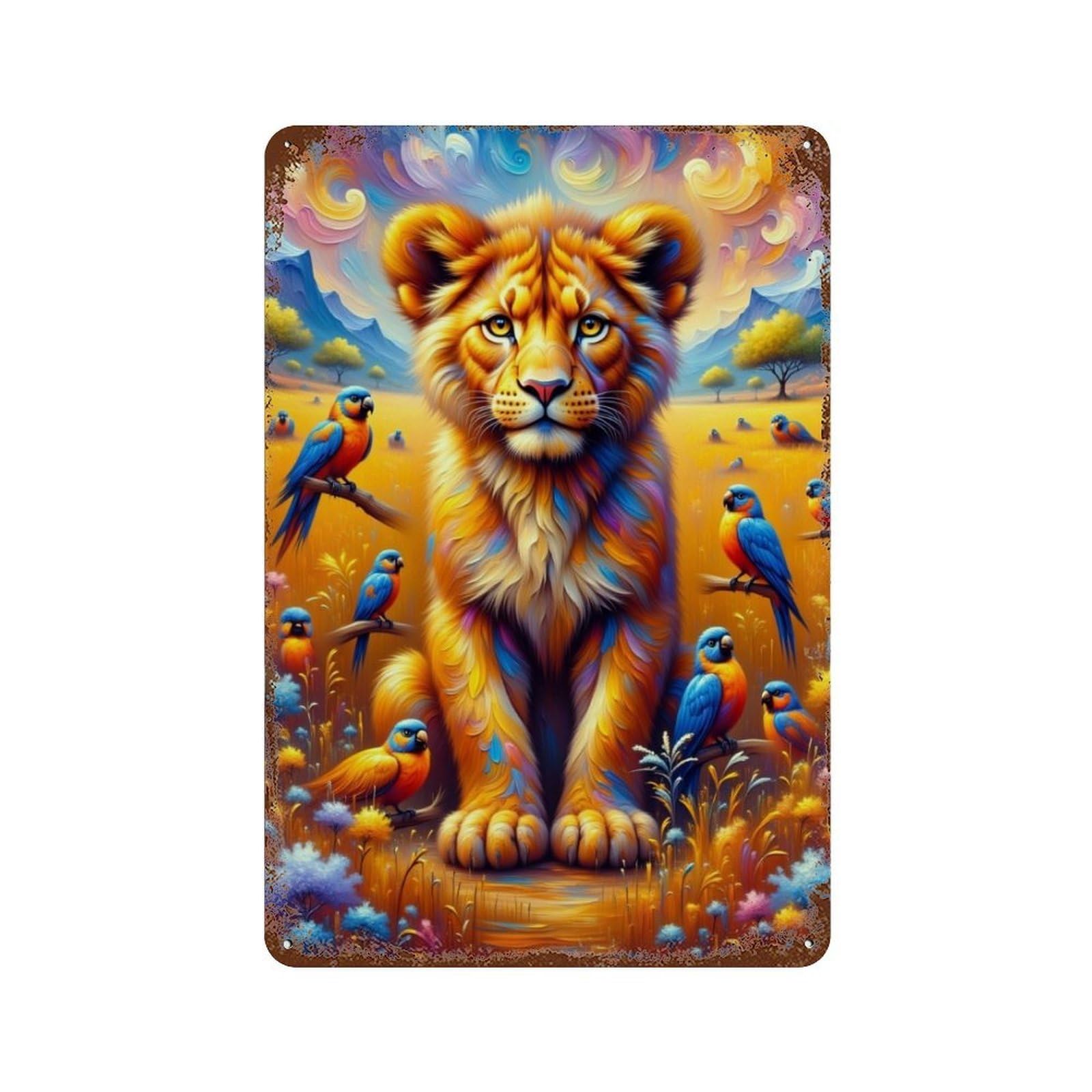 Lion And Birds in Fantasy Landscape 11.8"x7.9" Distressed Metal Wall Sign, Shabby Chic Decor for Shed, Workshop And Garage Wall Decor