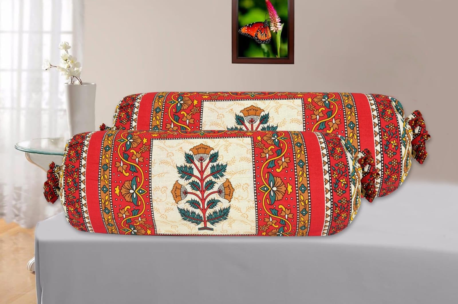 Bolster Cover Cotton Set of 2 Size | Round Decorative Pillow Cover for Diwan & Bedside | Masand Pillowcases 144 TC (Red) (RED)-image-44
