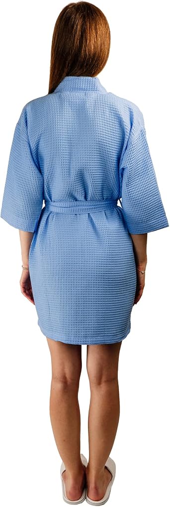 FTB Classic Waffle Bridesmaids Kimono Robe for Women Thigh Length (Light Blue, Large)