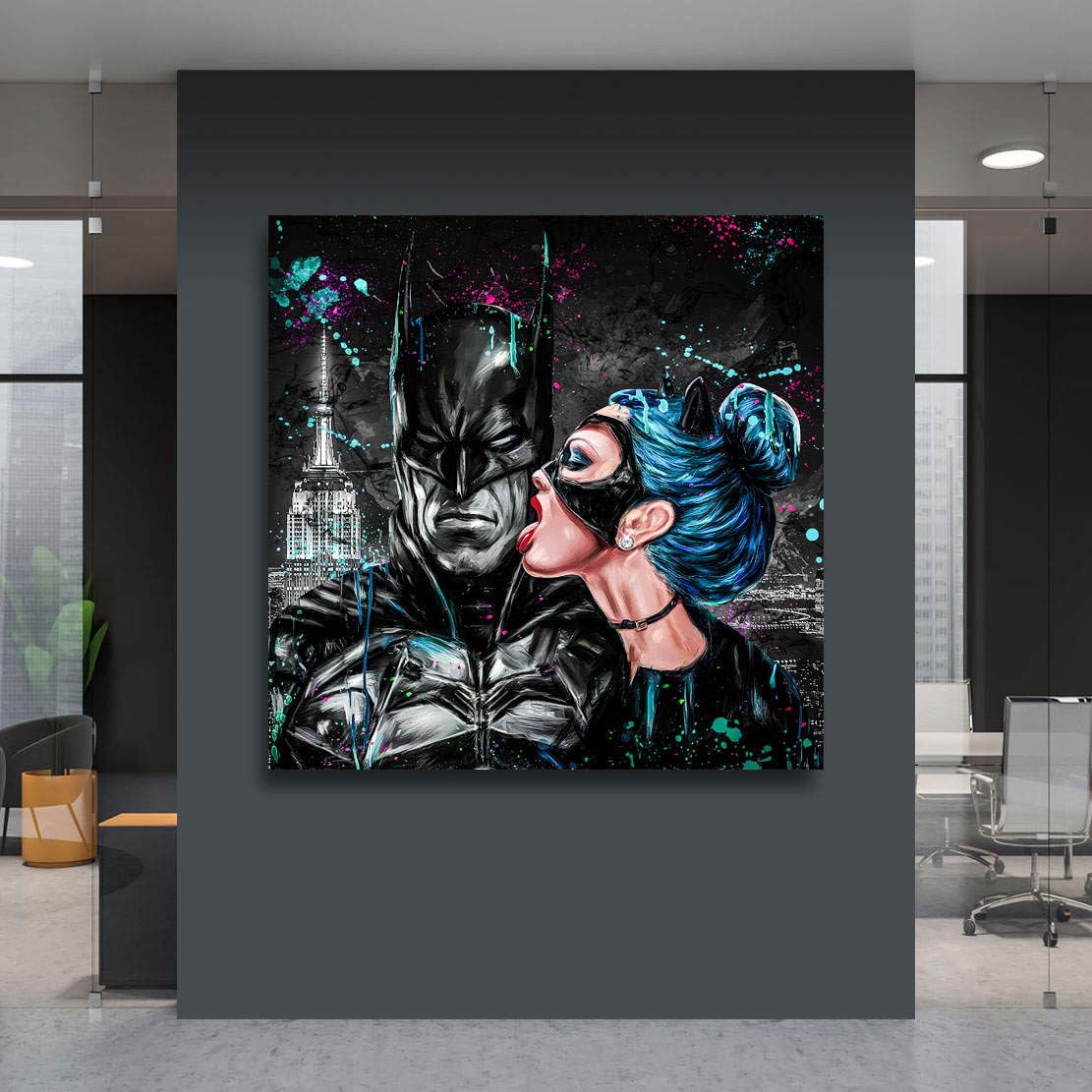 Kunstgestalten24 | Batman Catwoman Abstrakt Leinwand-Bild | Leinwandbild mit Echtholz-Keilrahmen | Wandbild Gemälde Kunst Art | Hochwertige Kunstdrucke | XXL Bilder auf Leinwand