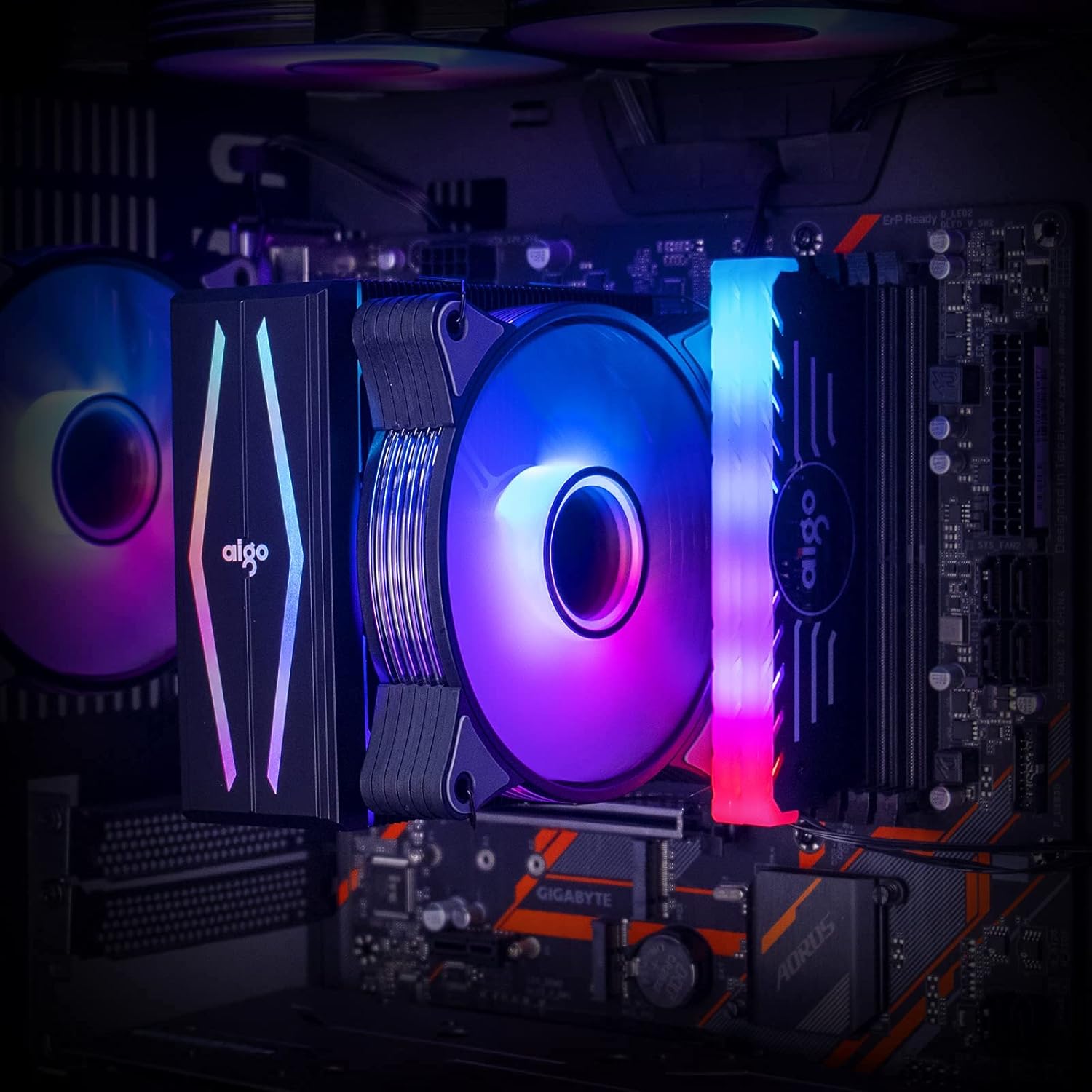 aigo P6 CPU Air Cooler installed in a PC with RGB lighting