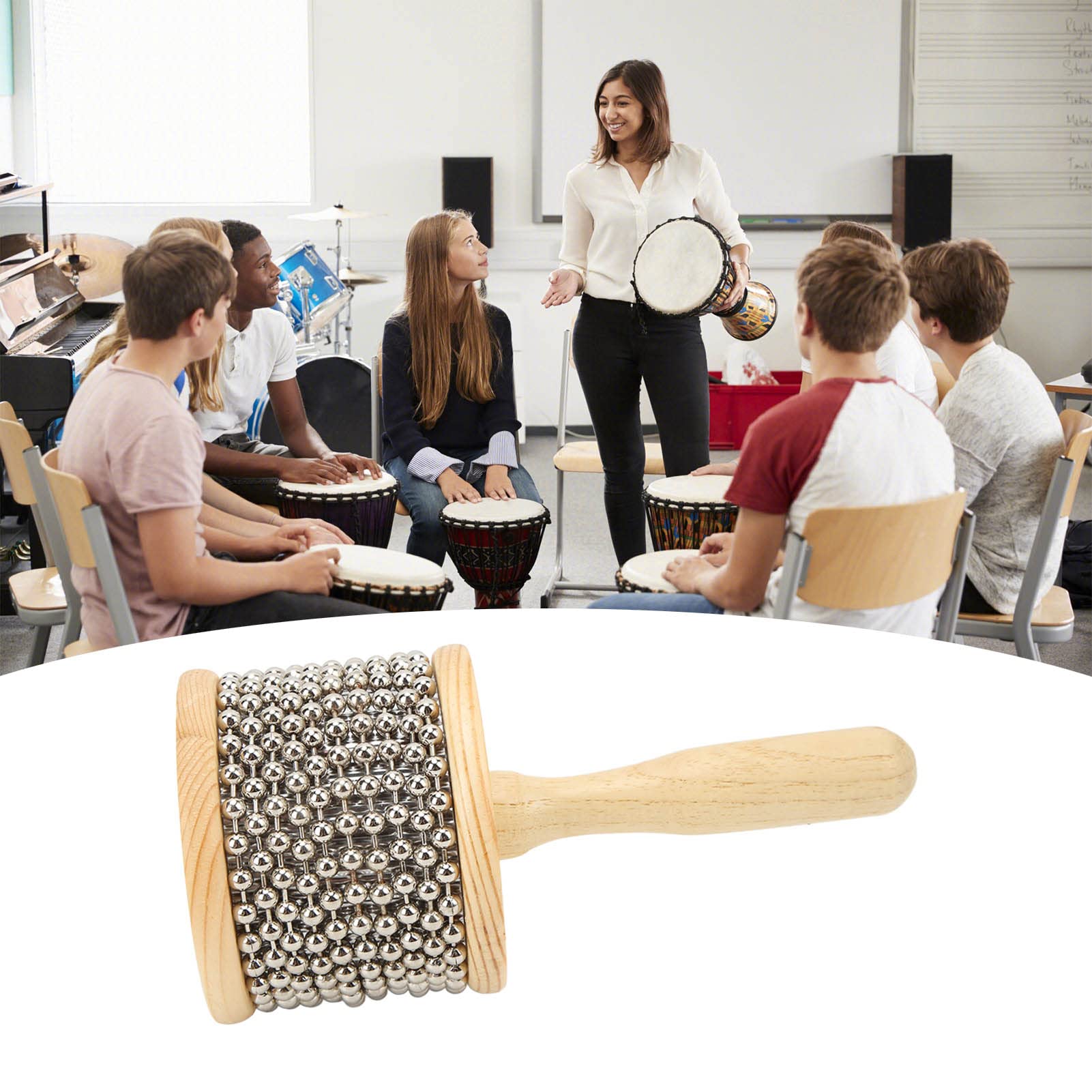 POENVFPO Cabasa-Spielzeug für Kinder, Tragbares Holz-Stahlkugel-Handkurbel-Spielzeug-Schlaginstrument für Kinder-Anfänger (Mittleres Kabasa)