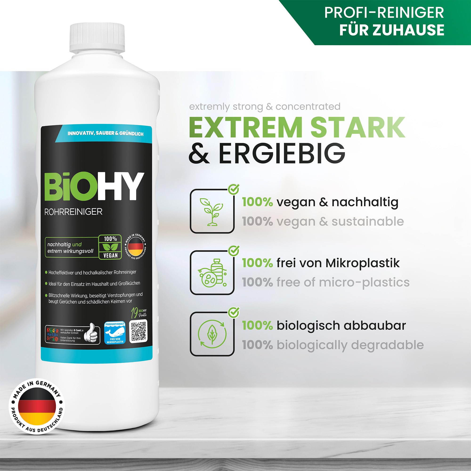 BiOHY Desatascador (6 botellas de 1 litro) + Dosificador | Líquido, limpiador de desagües altamente concentrado | Inodoro, Para todos los bloqueos | EXTRA FUERTE (Rohrreiniger)