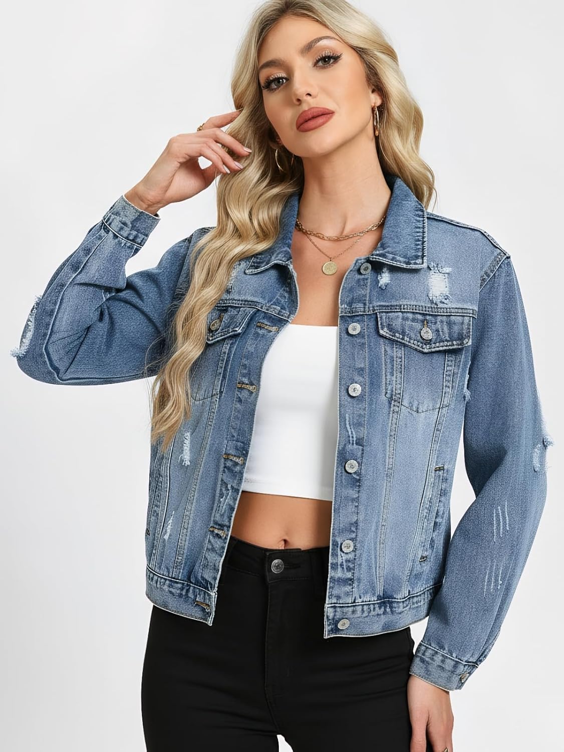 LifeShe Distressed Jean Jacket Women Basic Ripped Denim Jacket Fall Boyfriend Shacket 2026 Trendy - Image 4