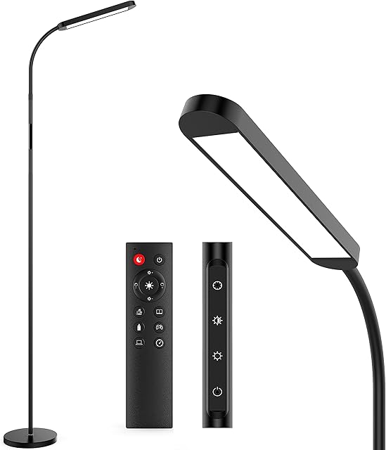 MediAcous LED Floor Lamp, Adjustable Gooseneck Standing Lamp with 5 Color Temperature and 5 Brightness, Modern Lamp for Living Room Bedroom with Remote, Touch Control, Timer, Memory Function, Black