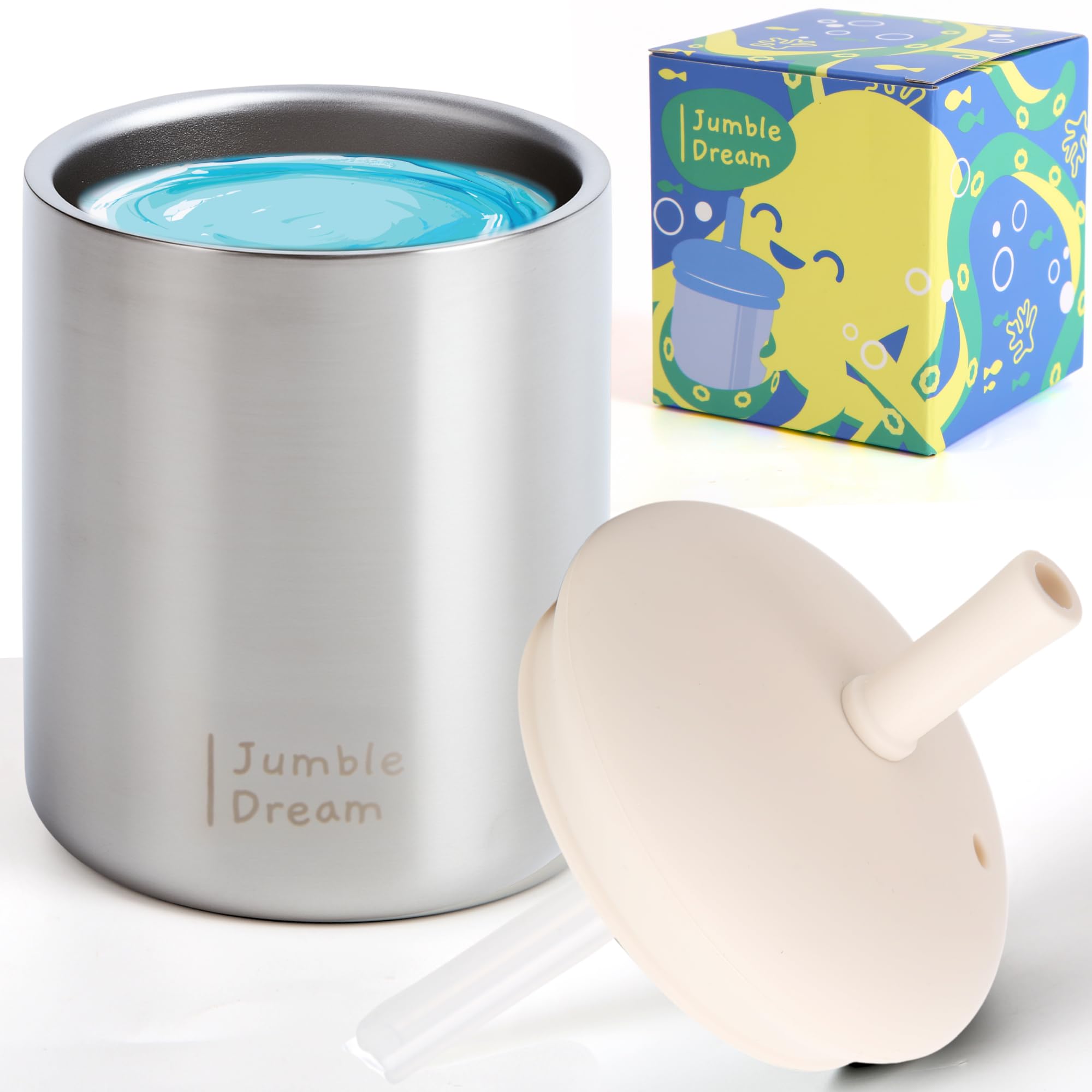 Jumble Dream Stainless Steel Toddler Straw Sippy Cup 210ml, Double Wall Insulated Spill Proof Cup with Straw