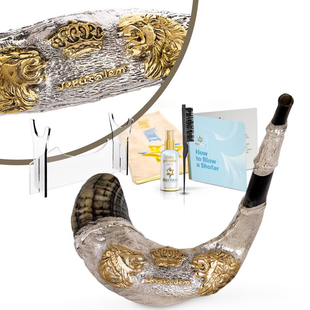 Holy Voice Sterling Silver-Plated Decoration Ram Shofar With Shofar Stand, Carrying Bag and Cleaning Brush – Made in Israel. (Lions 14"-16")