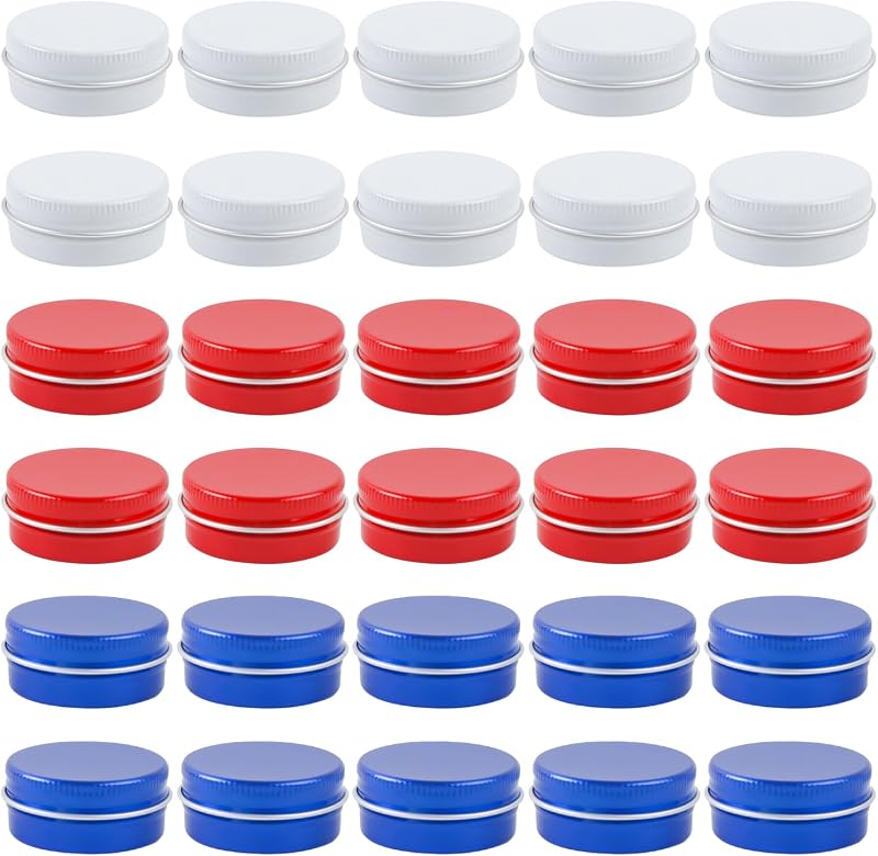 ASUNFO Frascos de Alumínio com Tampa de Rosca, 15 mL, Azul, Vermelho e Branco, Pacote com 30