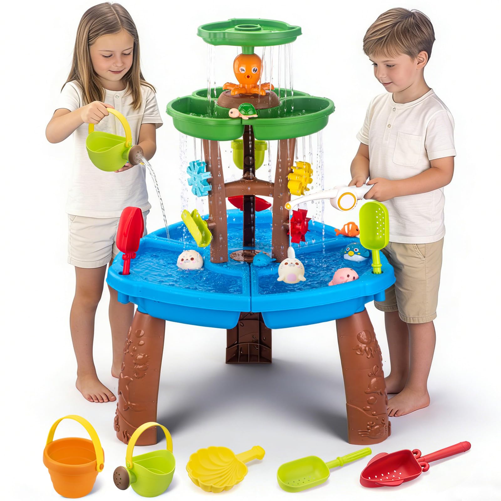 VROGTIK Wassertisch für Kinder, Mehrstöckiger Sand- und Wassertisch mit Angelspiel & Meerestier-Zubehör, Wasserspieltisch für Kleinkinder 3-12 Jahre, Outdoor Wasserspielzeug für Garten Terrasse