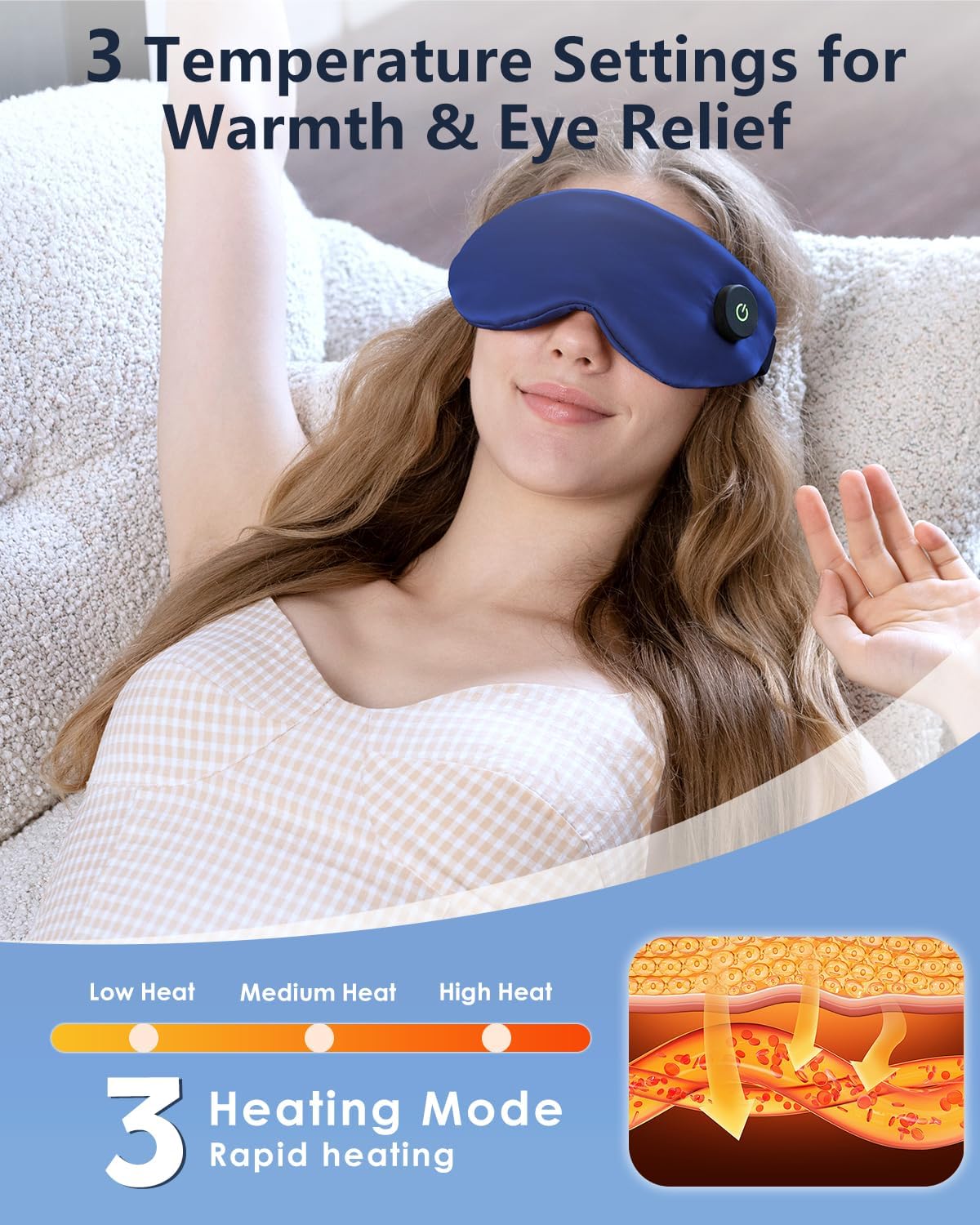 Heated Eye Mask for Dry Eyes, Rechargeable Warm Eye Compress with Adjustable Heat, Auto Shut-Off, Washable Cover Blue