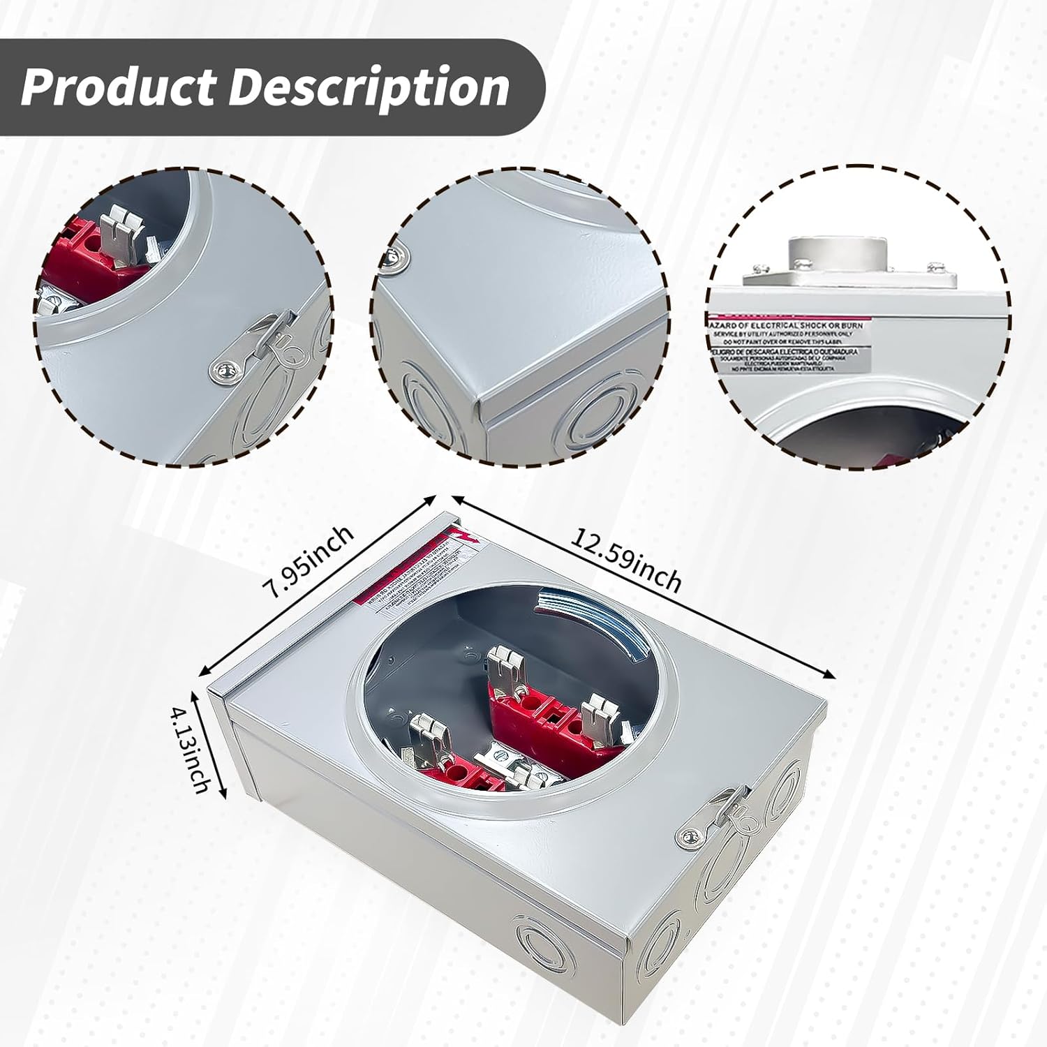 125 Amp Meter Socket, 4 Jaw Meter Base Meter Socket 600v 1 Phase 3 Wire Ringless Type With Horn Bypass Meter Cover Plate Electric Meter Box Suitable For Overhead/Underground Feed