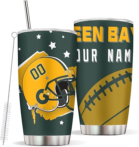 Nmdswov Green Bay - Vaso térmico de acero inoxidable, taza de café personalizada con cualquier nombre y número, regalo para hombres y mujeres, vaso