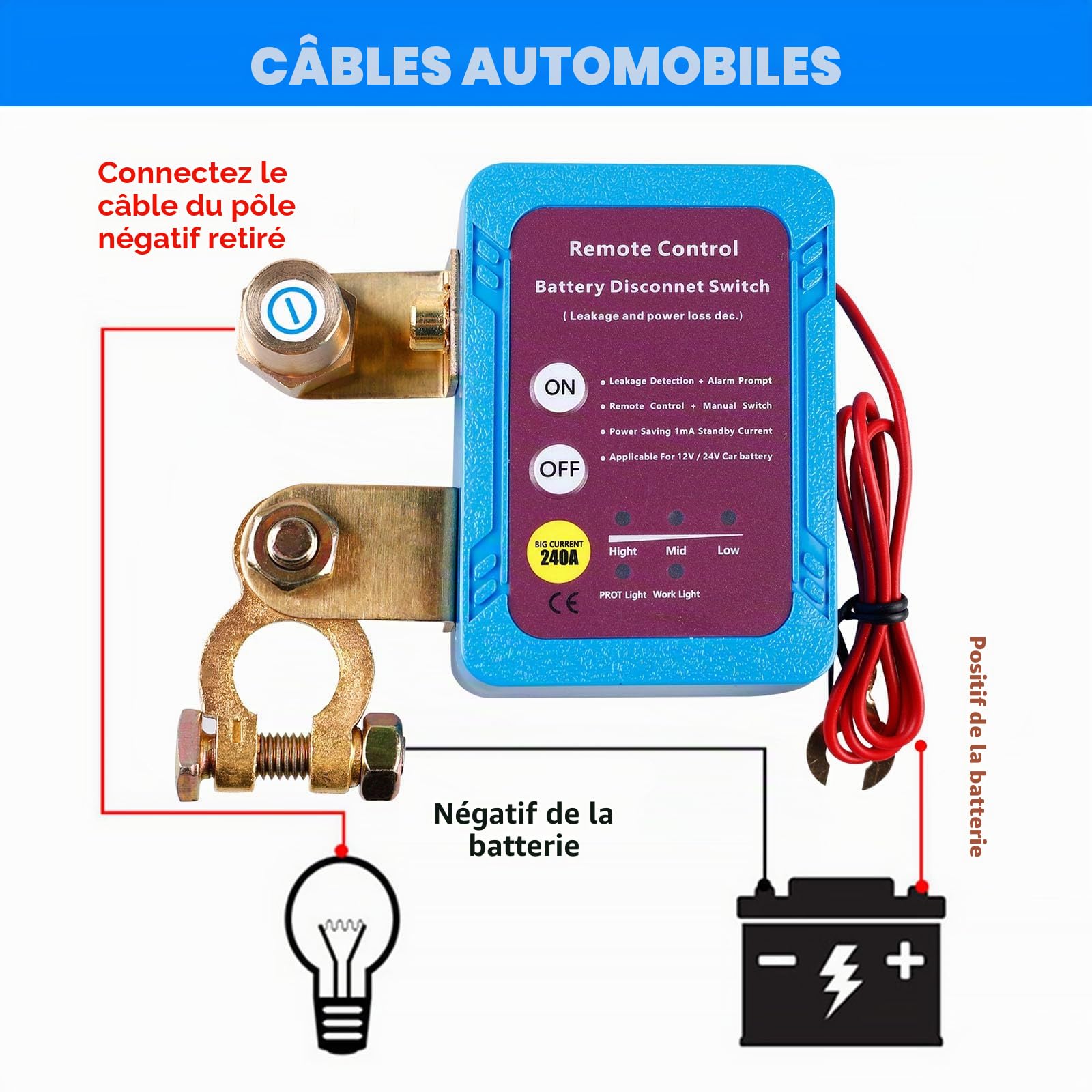 Coupe-circuit sans fil pour voiture télécommandé, 12V, 240A, interrupteur coupe-batterie antivol, arrêt automatique, protection de batterie 12V pour voiture, VR, VTT, camion