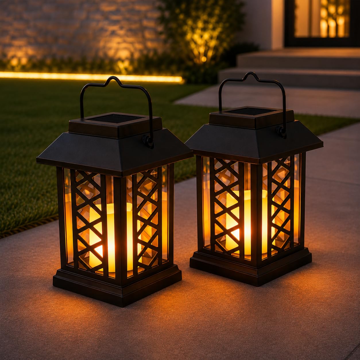 Festive Lights – Set of 2 Solar Candle Lanterns – 17.5cm Black Outdoor Hanging or Table Lights, Realistic Flickering Amber LED Flame Effect, Waterproof Garden, Patio & Decking Decorations, IP44 Rated