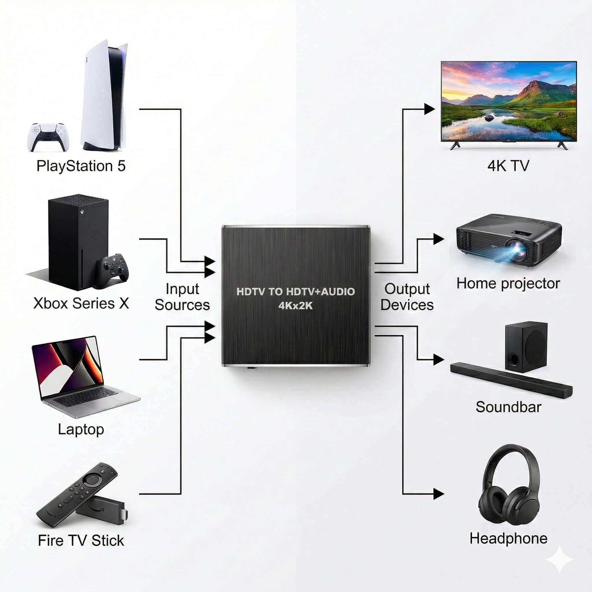 Extracteur Audio HDMI 4K Convertisseur vers Optique Spdif Toslink + Jack 3.5mm Stéréo, Adaptateur Splitter Audio Vidéo Séparateur de Son (3 Modes: Pass/2CH/5.1CH) pour PS5/PS4/Fire TV/Ampli
