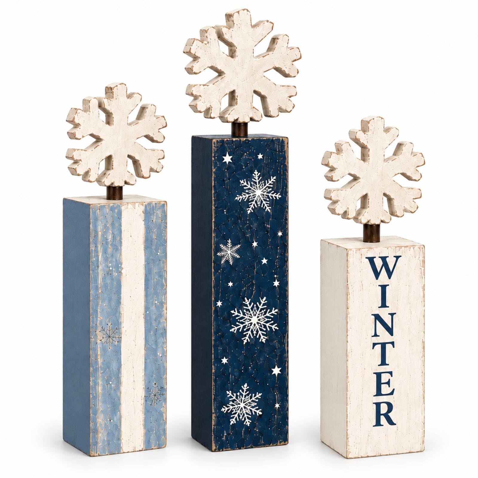 GlikCeil 3 Pcs Winter Snowflake Table Decor Vintage Winter Table Centerpiece Wood Farmhouse Block Sign with Wooden Snowflake for Home Christmas Party Desk Shelf Kitchen Decor